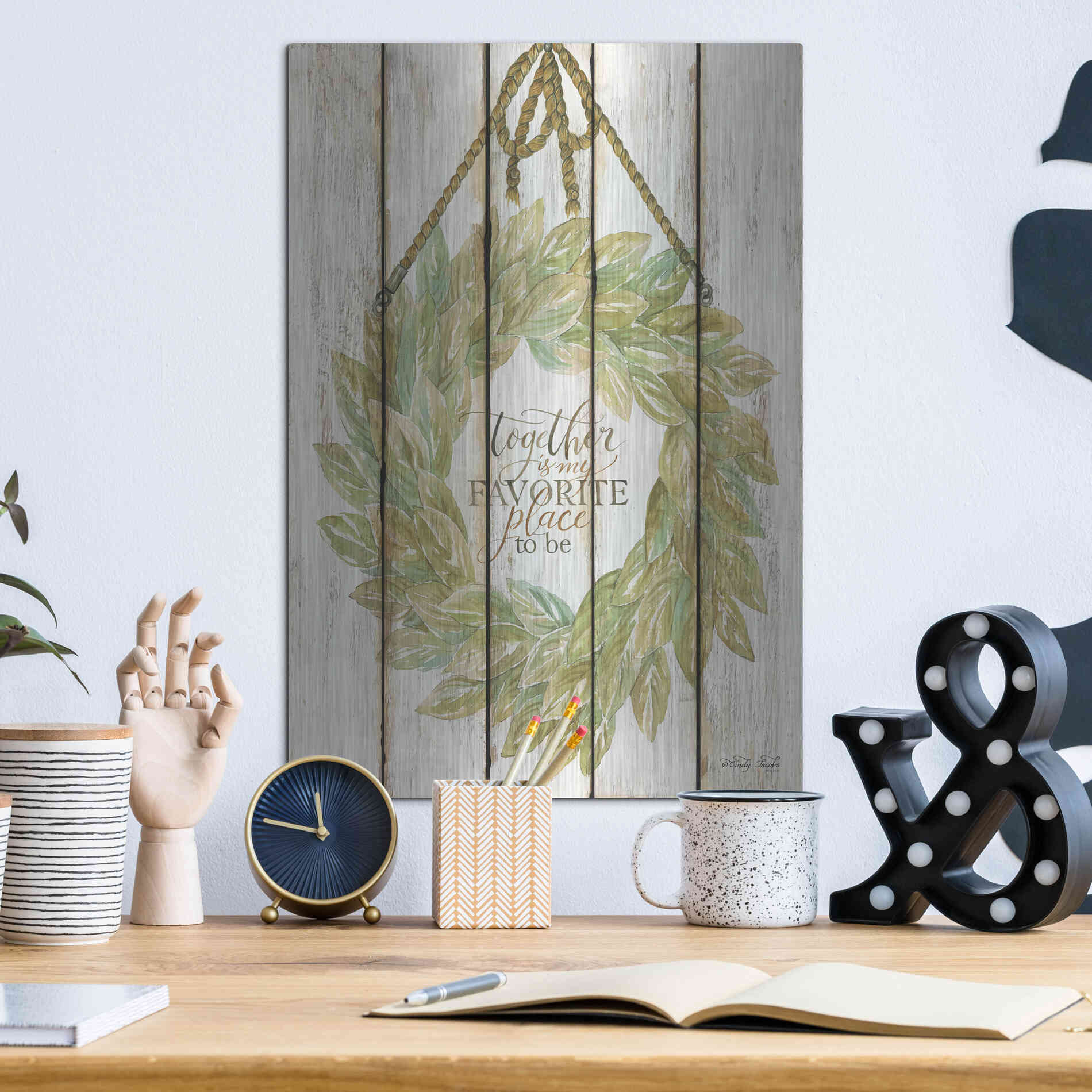 Luxe Metal Art 'Together Wreath on Wood Panels' by Cindy Jacobs, Metal Wall Art,12x16