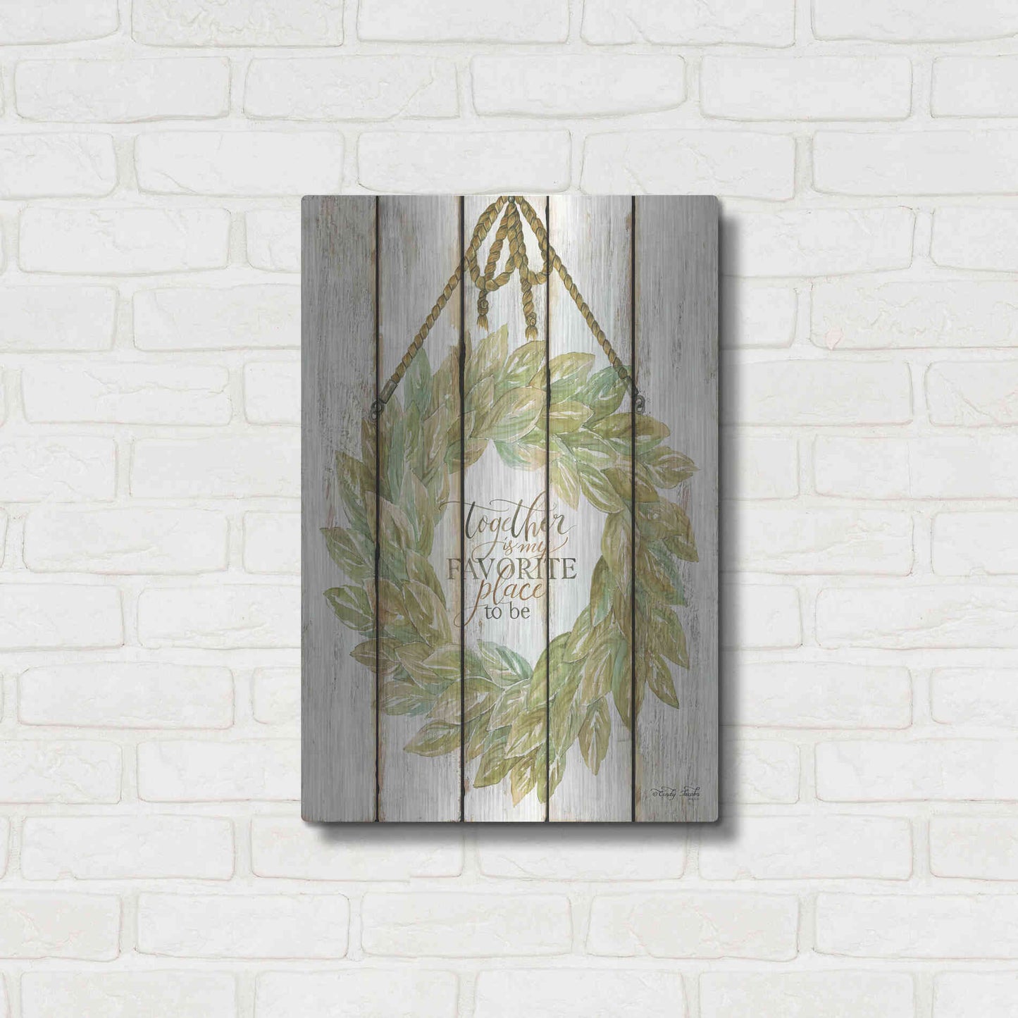 Luxe Metal Art 'Together Wreath on Wood Panels' by Cindy Jacobs, Metal Wall Art,16x24