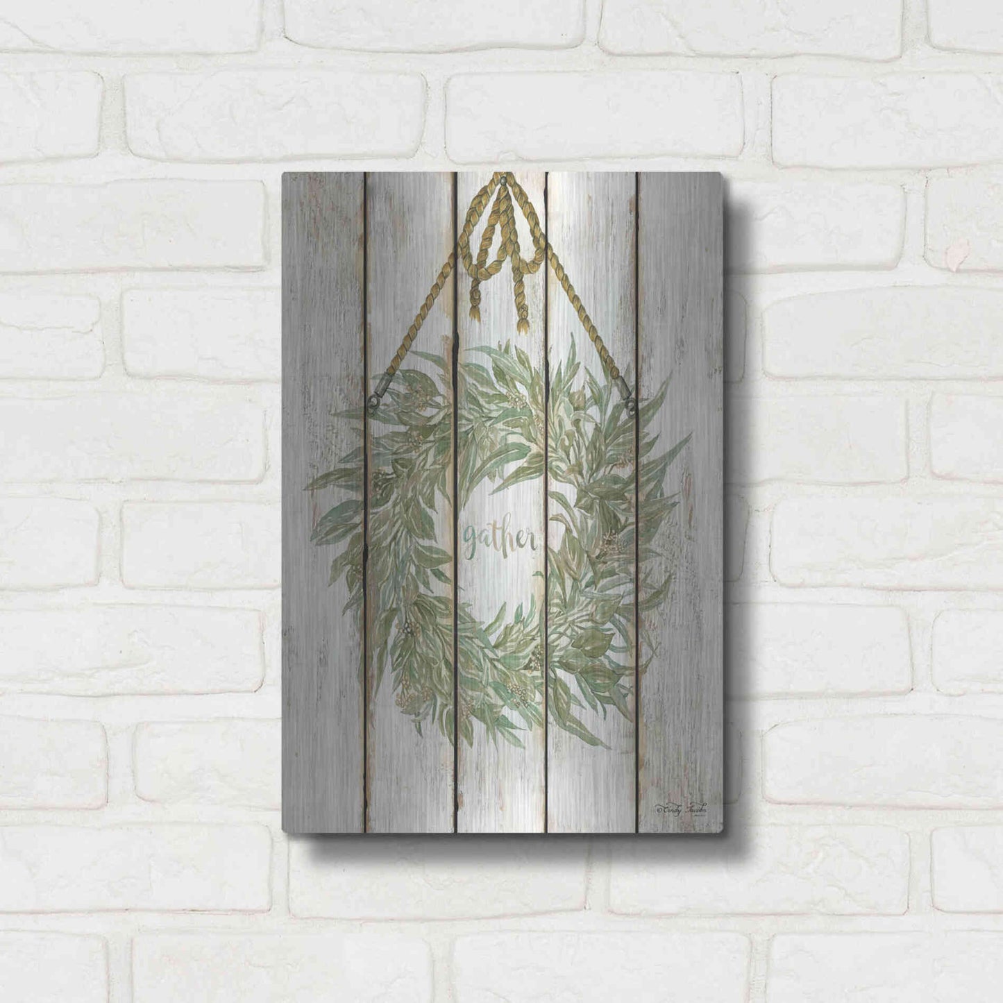 Luxe Metal Art 'Gather Wreath on Wood Panels' by Cindy Jacobs, Metal Wall Art,12x16