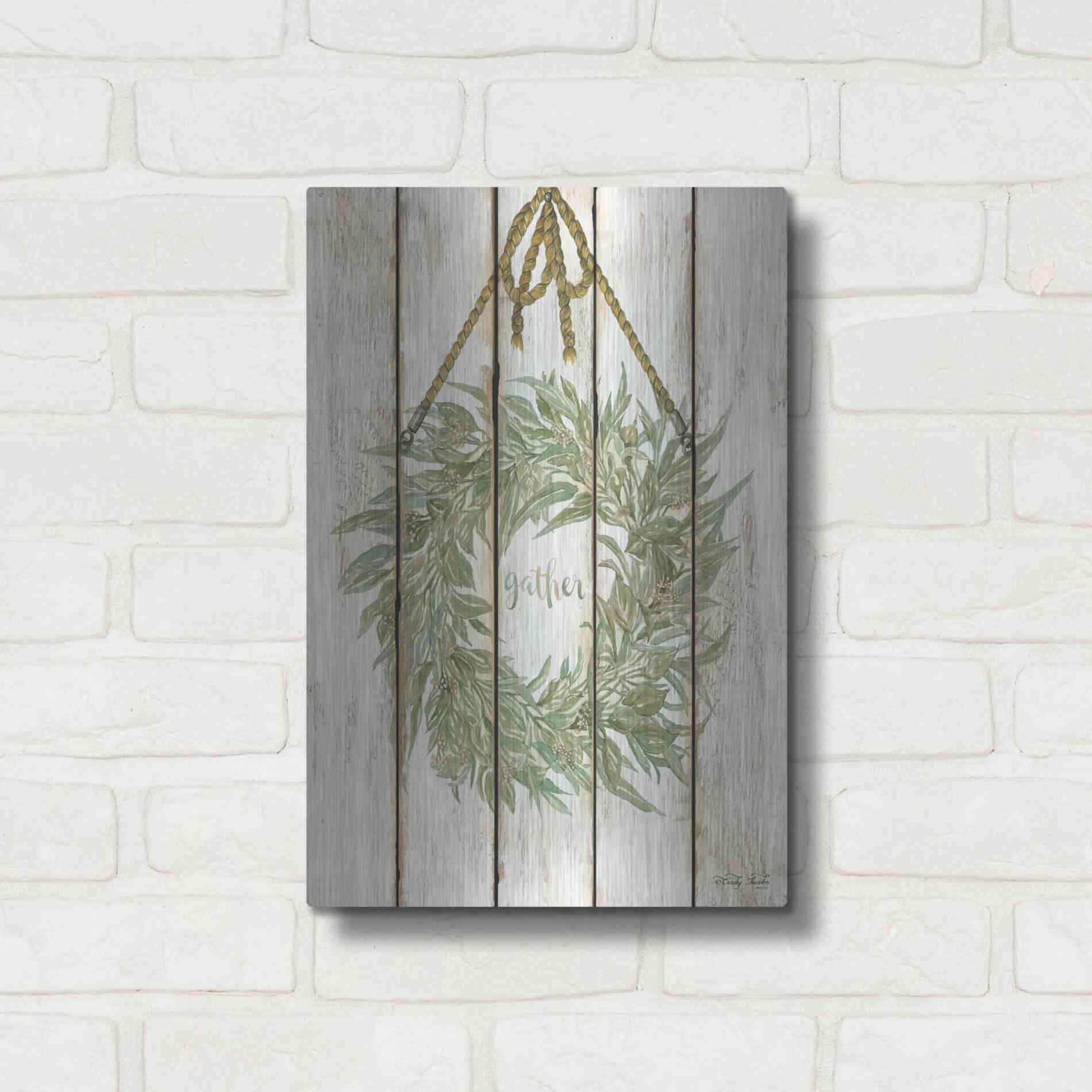 Luxe Metal Art 'Gather Wreath on Wood Panels' by Cindy Jacobs, Metal Wall Art,12x16