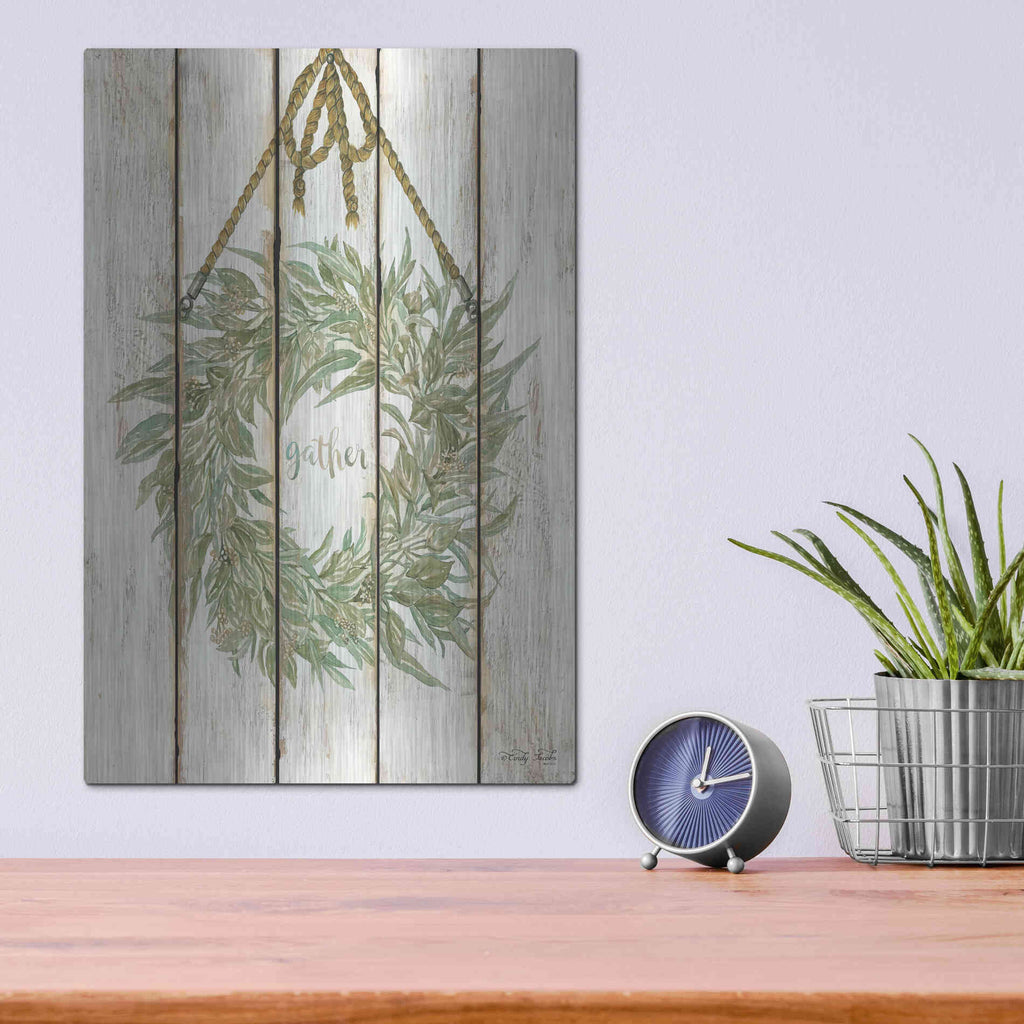 Luxe Metal Art 'Gather Wreath on Wood Panels' by Cindy Jacobs, Metal Wall Art,12x16