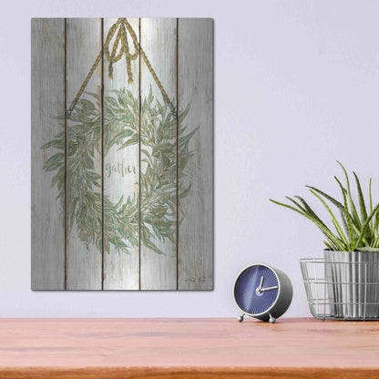 Luxe Metal Art 'Gather Wreath on Wood Panels' by Cindy Jacobs, Metal Wall Art,12x16