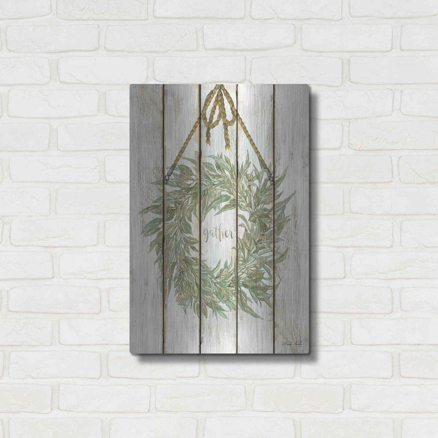 Luxe Metal Art 'Gather Wreath on Wood Panels' by Cindy Jacobs, Metal Wall Art,16x24