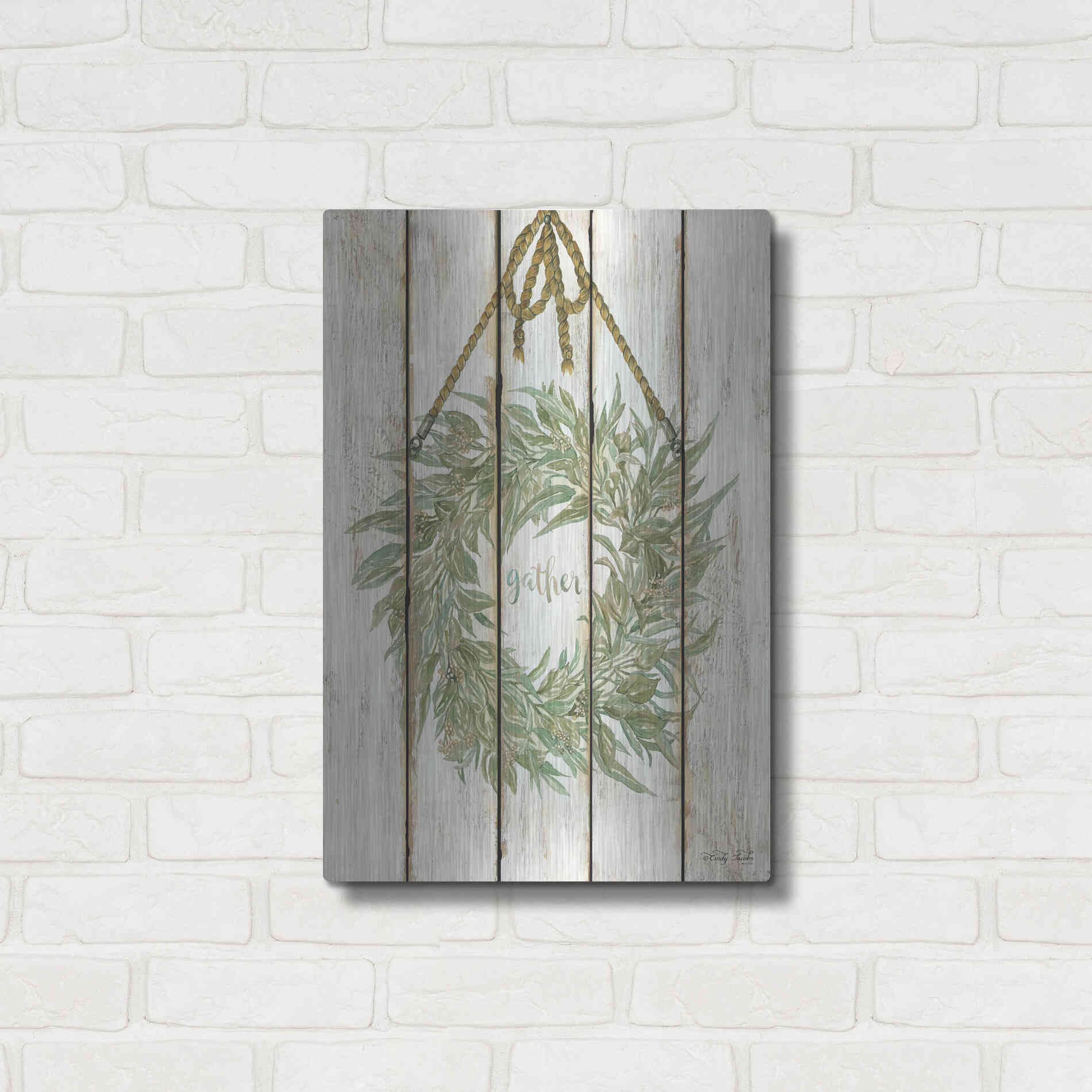 Luxe Metal Art 'Gather Wreath on Wood Panels' by Cindy Jacobs, Metal Wall Art,16x24