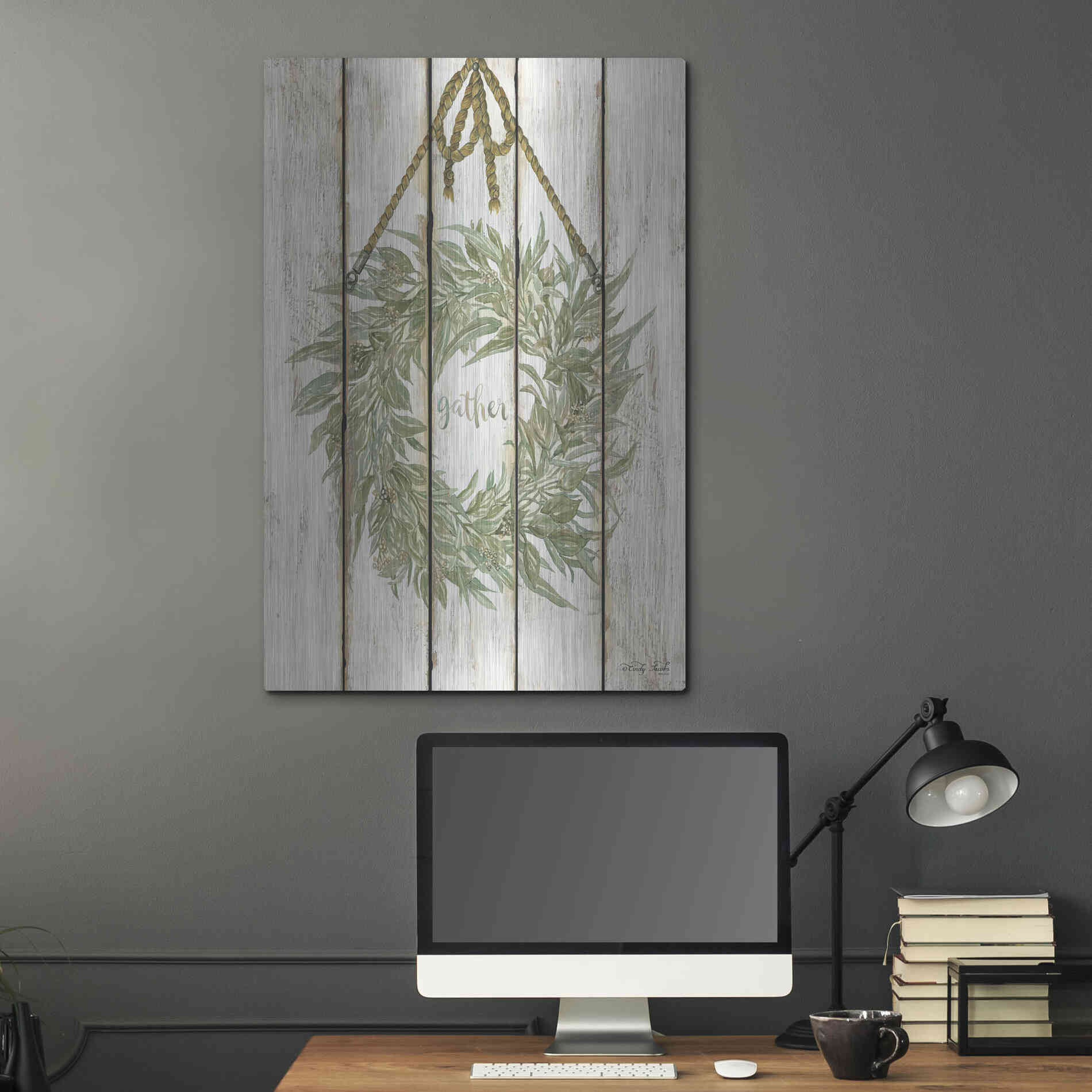 Luxe Metal Art 'Gather Wreath on Wood Panels' by Cindy Jacobs, Metal Wall Art,24x36