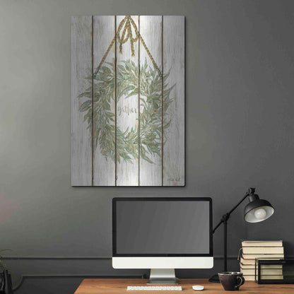 Luxe Metal Art 'Gather Wreath on Wood Panels' by Cindy Jacobs, Metal Wall Art,24x36
