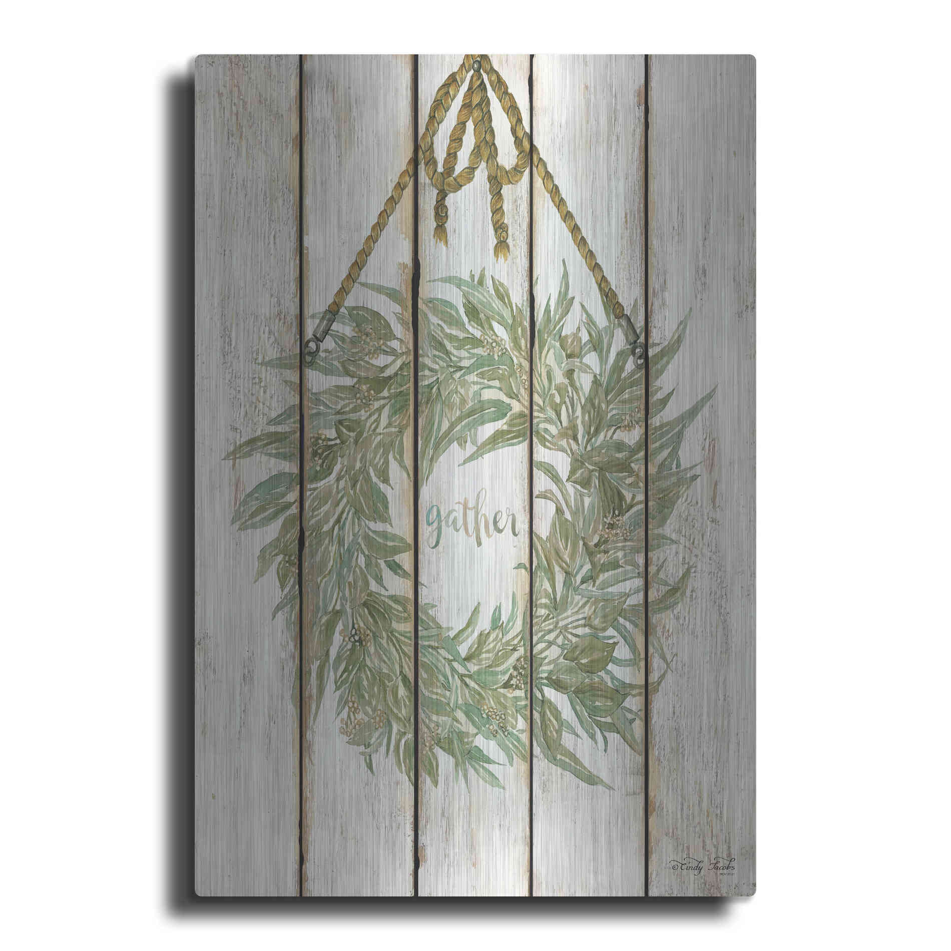 Luxe Metal Art 'Gather Wreath on Wood Panels' by Cindy Jacobs, Metal Wall Art