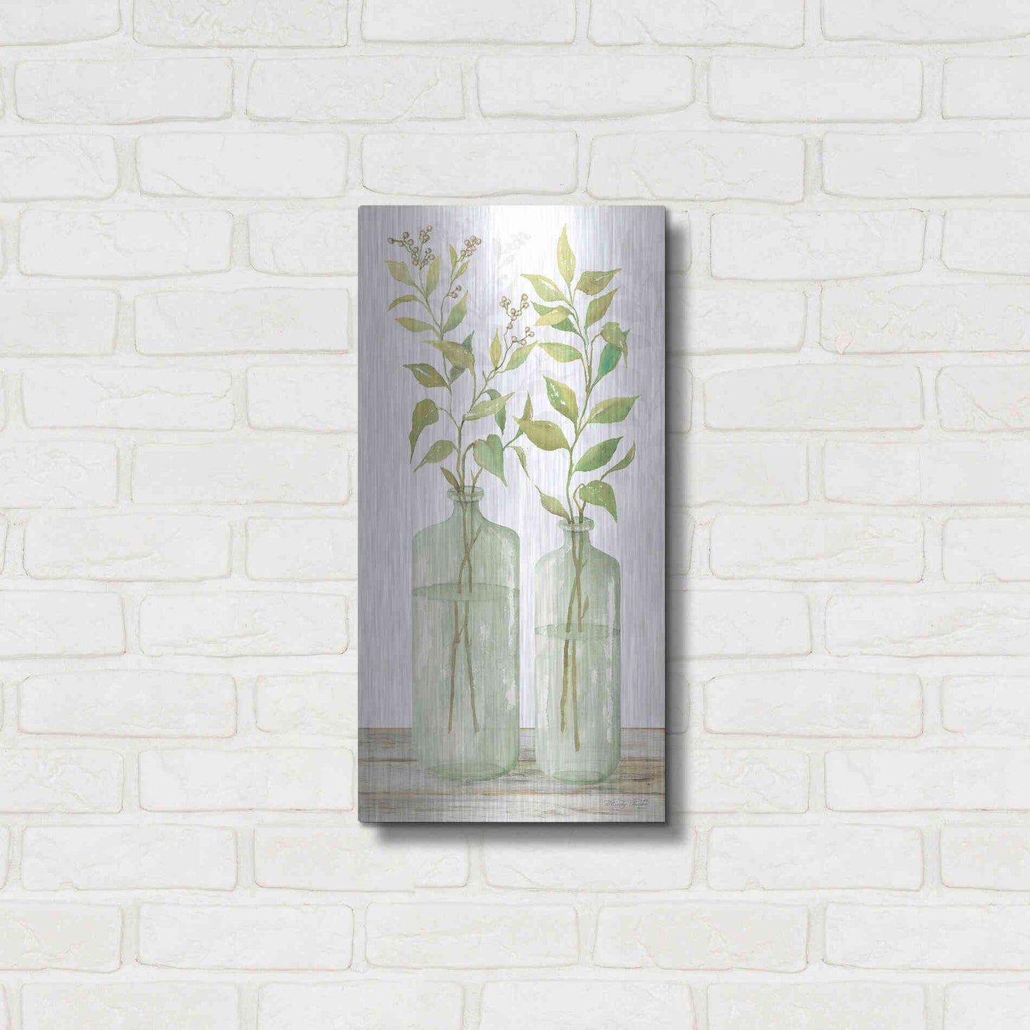 Luxe Metal Art 'Simple Leaves in Jar I' by Cindy Jacobs, Metal Wall Art,12x24