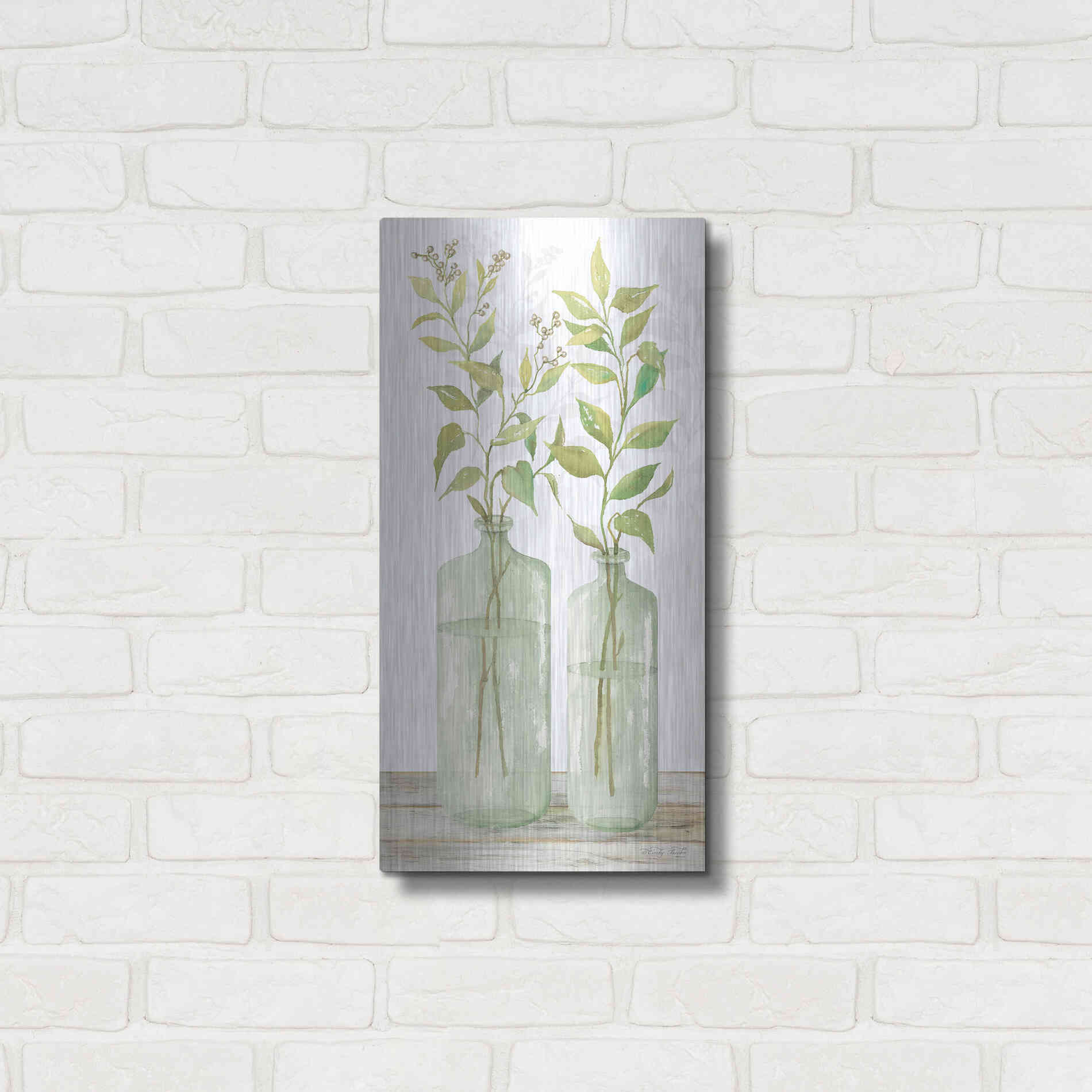 Luxe Metal Art 'Simple Leaves in Jar I' by Cindy Jacobs, Metal Wall Art,12x24