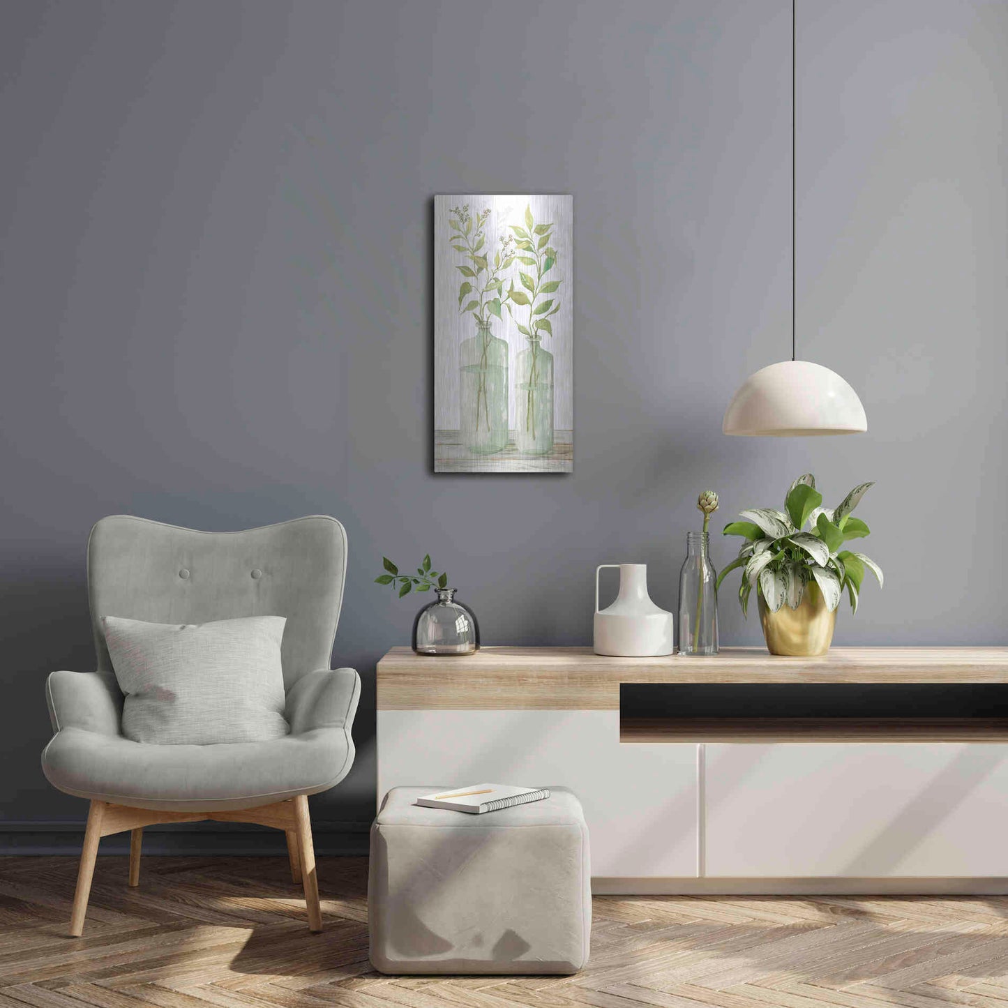 Luxe Metal Art 'Simple Leaves in Jar I' by Cindy Jacobs, Metal Wall Art,12x24