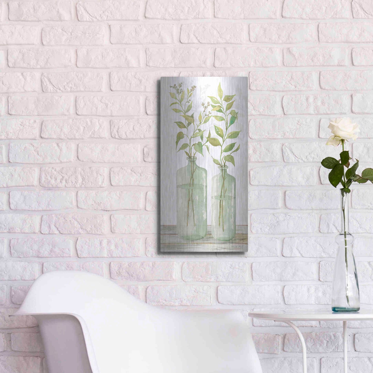 Luxe Metal Art 'Simple Leaves in Jar I' by Cindy Jacobs, Metal Wall Art,12x24