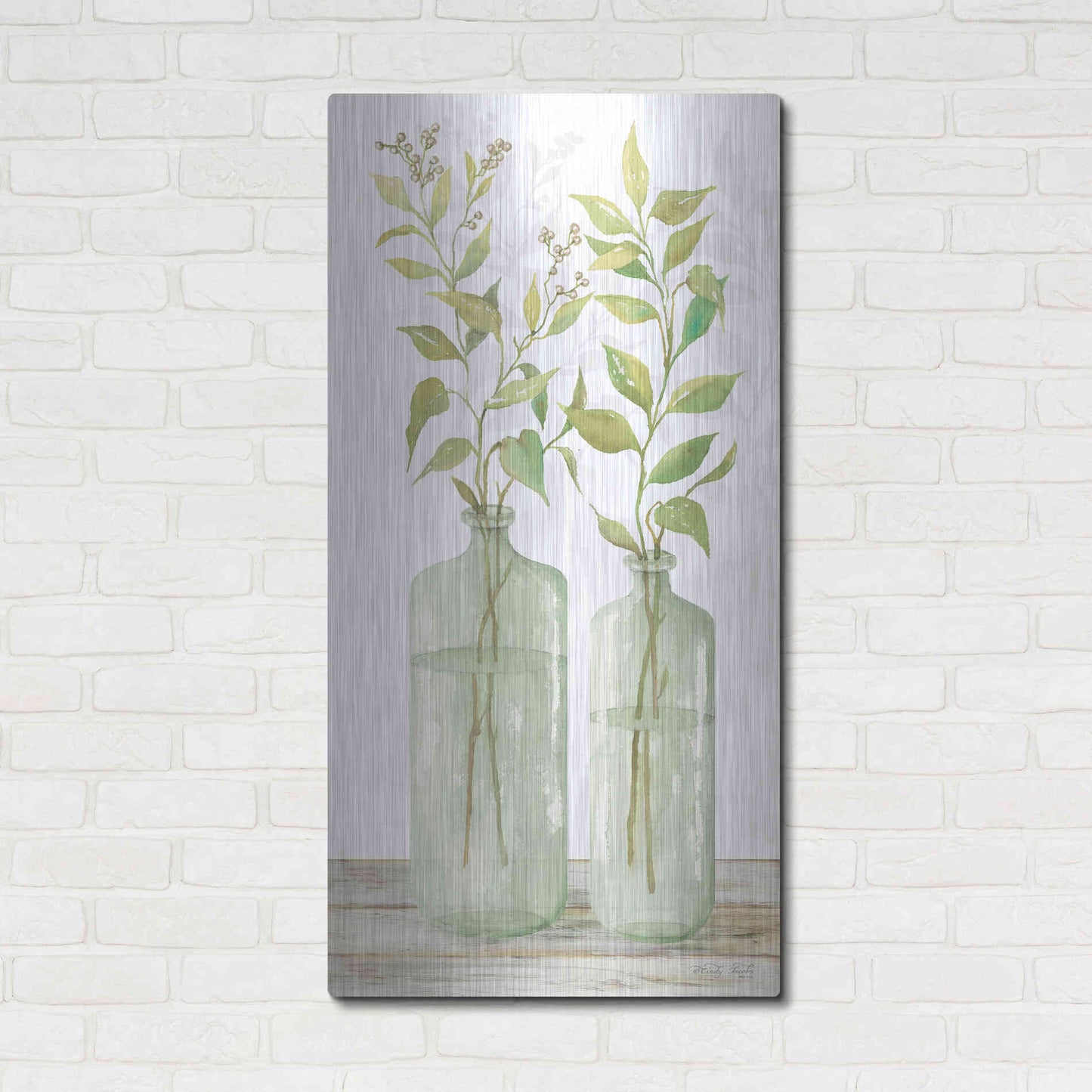 Luxe Metal Art 'Simple Leaves in Jar I' by Cindy Jacobs, Metal Wall Art,24x48