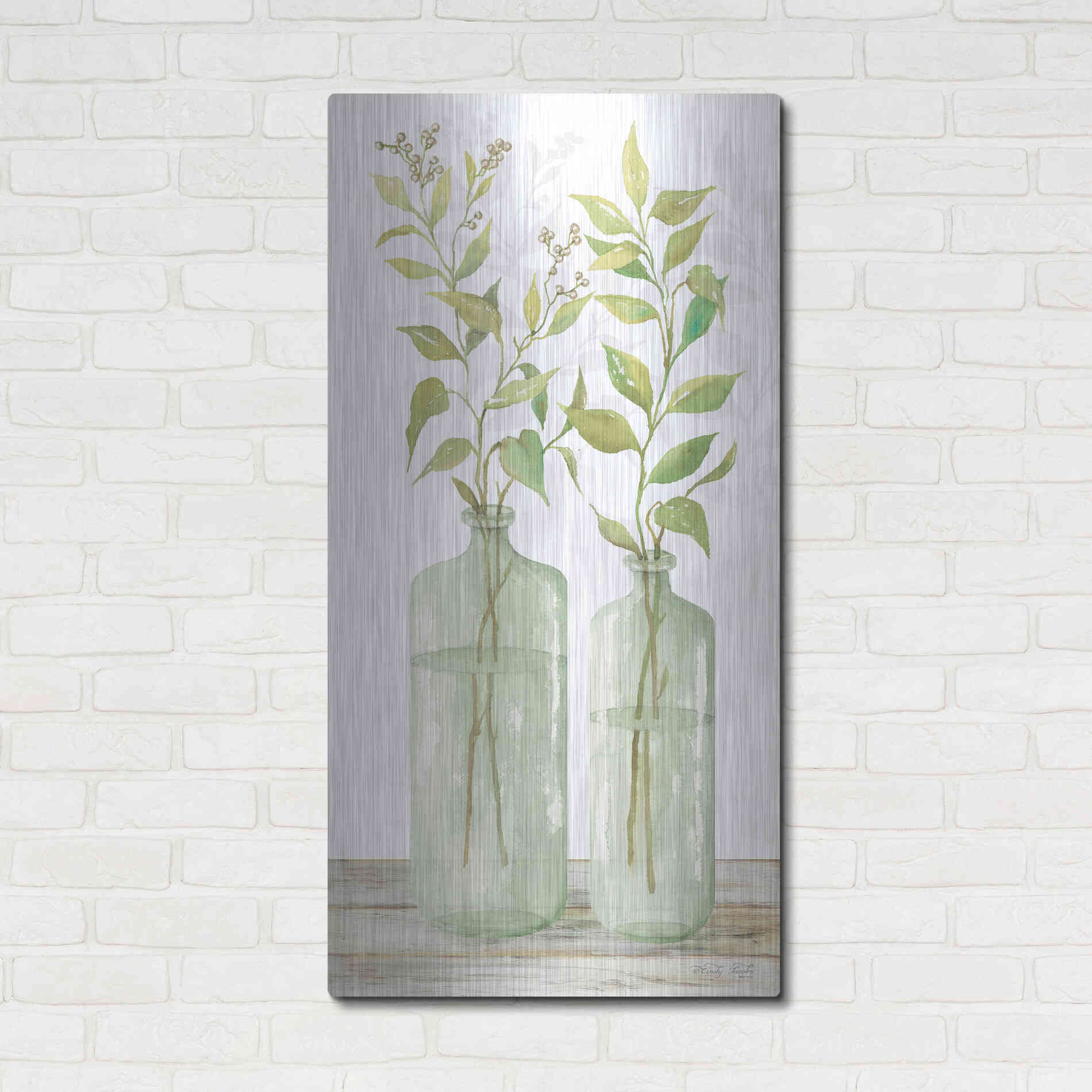 Luxe Metal Art 'Simple Leaves in Jar I' by Cindy Jacobs, Metal Wall Art,24x48