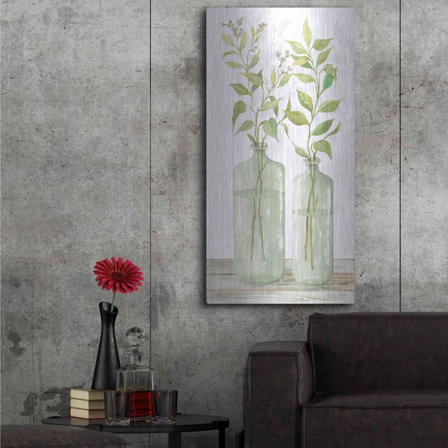 Luxe Metal Art 'Simple Leaves in Jar I' by Cindy Jacobs, Metal Wall Art,24x48