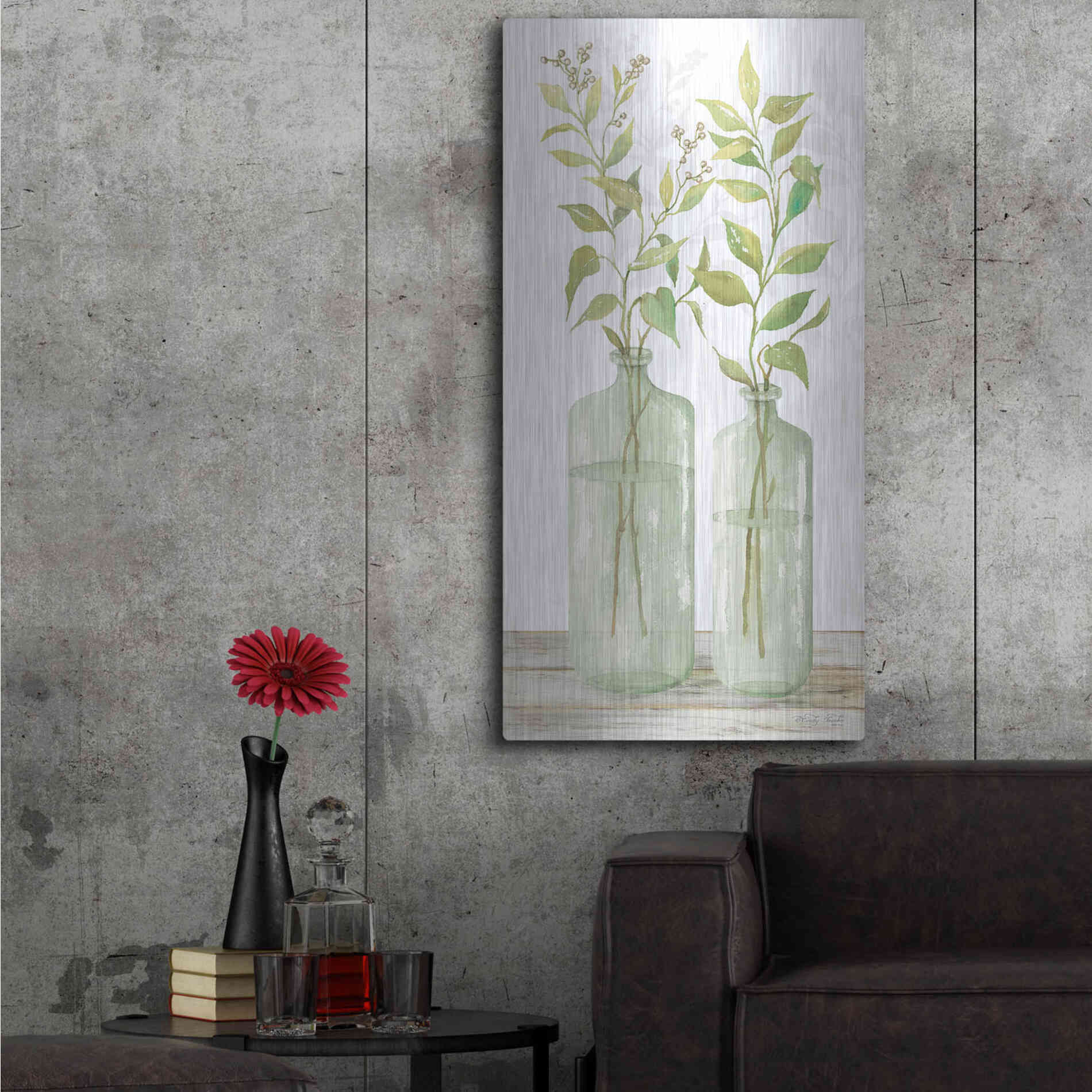 Luxe Metal Art 'Simple Leaves in Jar I' by Cindy Jacobs, Metal Wall Art,24x48