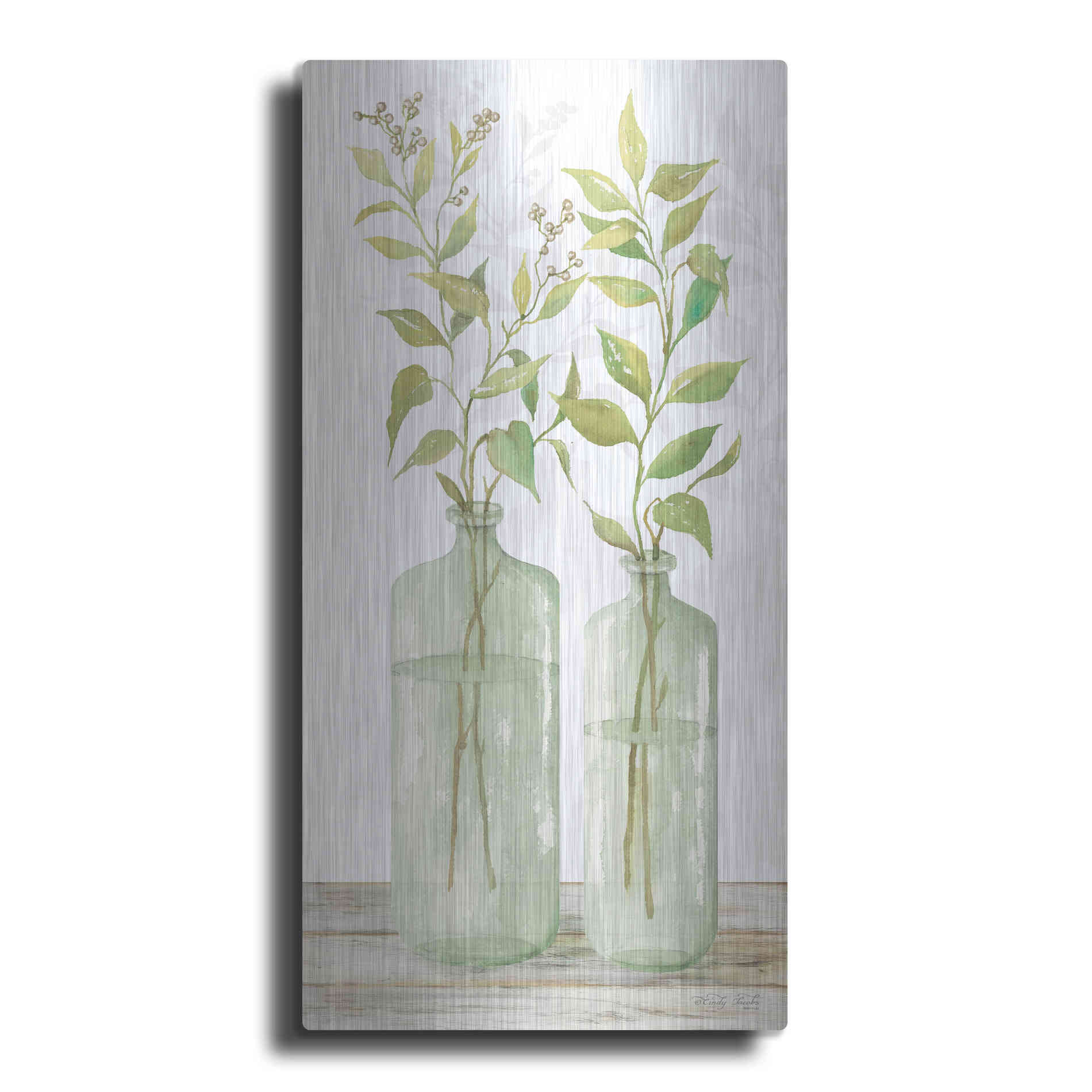 Luxe Metal Art 'Simple Leaves in Jar I' by Cindy Jacobs, Metal Wall Art