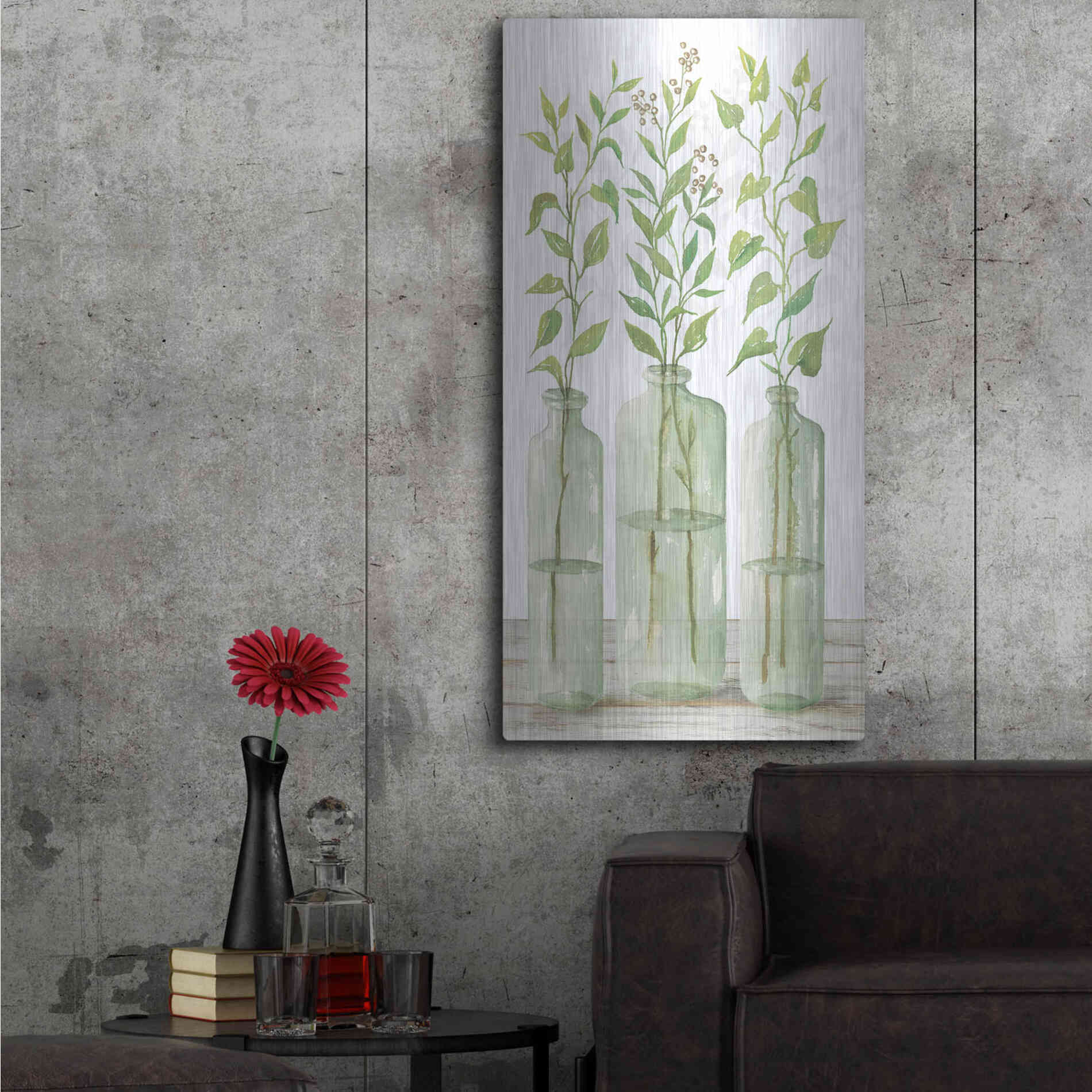 Luxe Metal Art 'Simple Leaves in Jar II' by Cindy Jacobs, Metal Wall Art,24x48