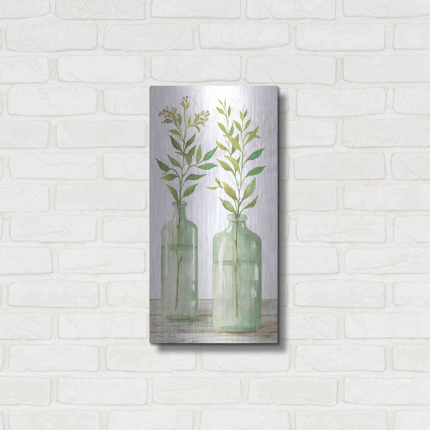 Luxe Metal Art 'Simple Leaves in Jar III' by Cindy Jacobs, Metal Wall Art,12x24