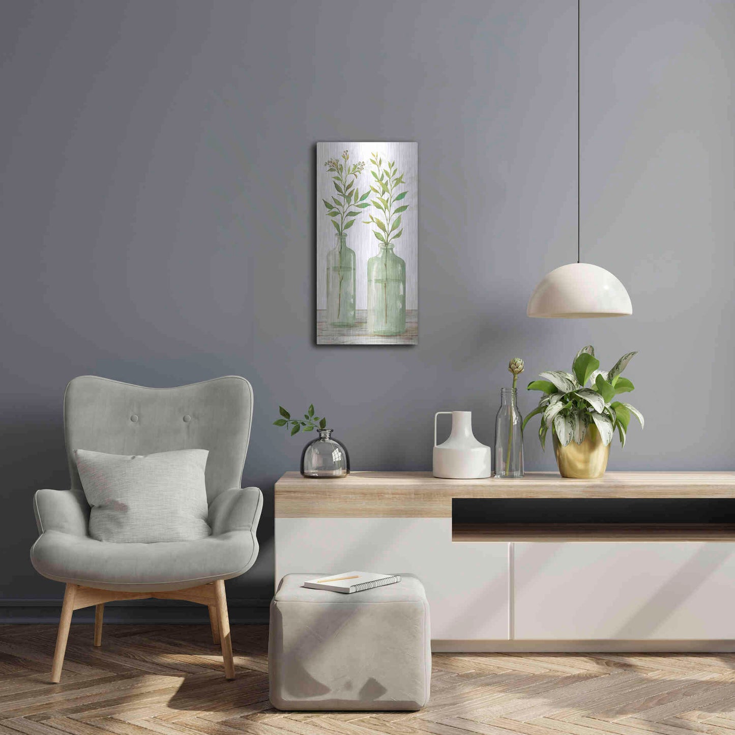 Luxe Metal Art 'Simple Leaves in Jar III' by Cindy Jacobs, Metal Wall Art,12x24