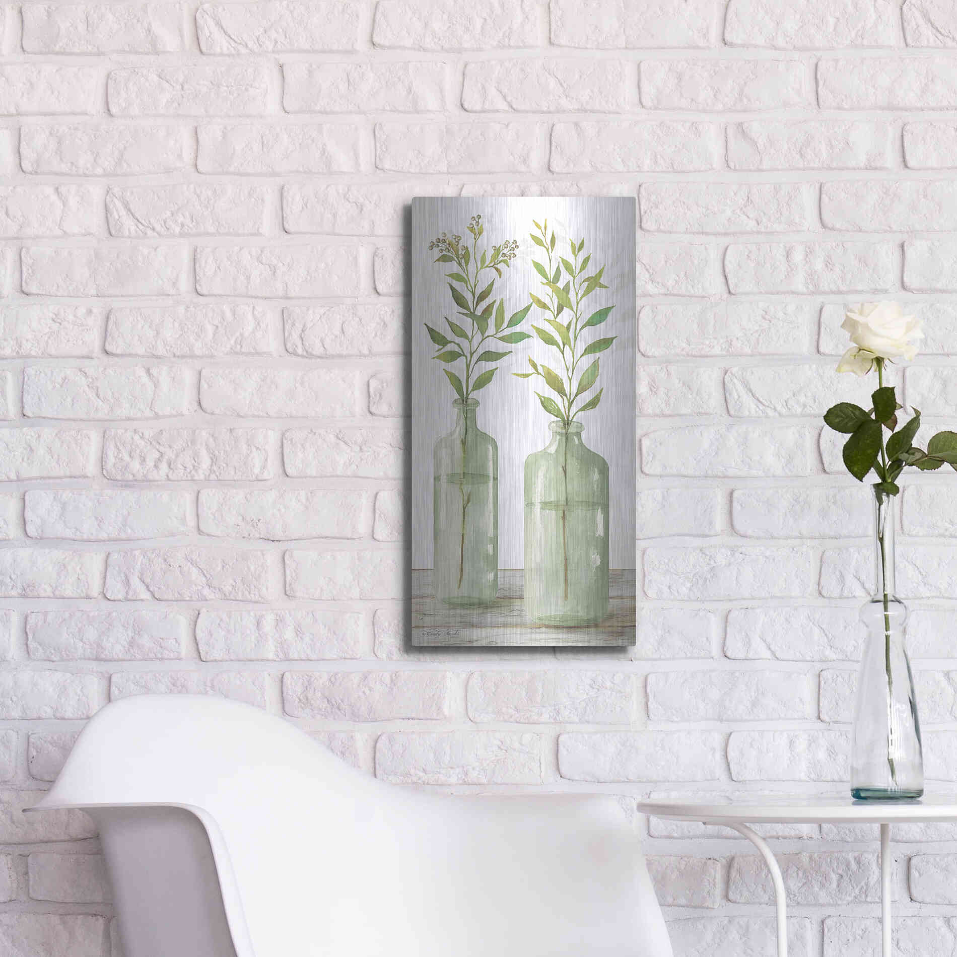 Luxe Metal Art 'Simple Leaves in Jar III' by Cindy Jacobs, Metal Wall Art,12x24