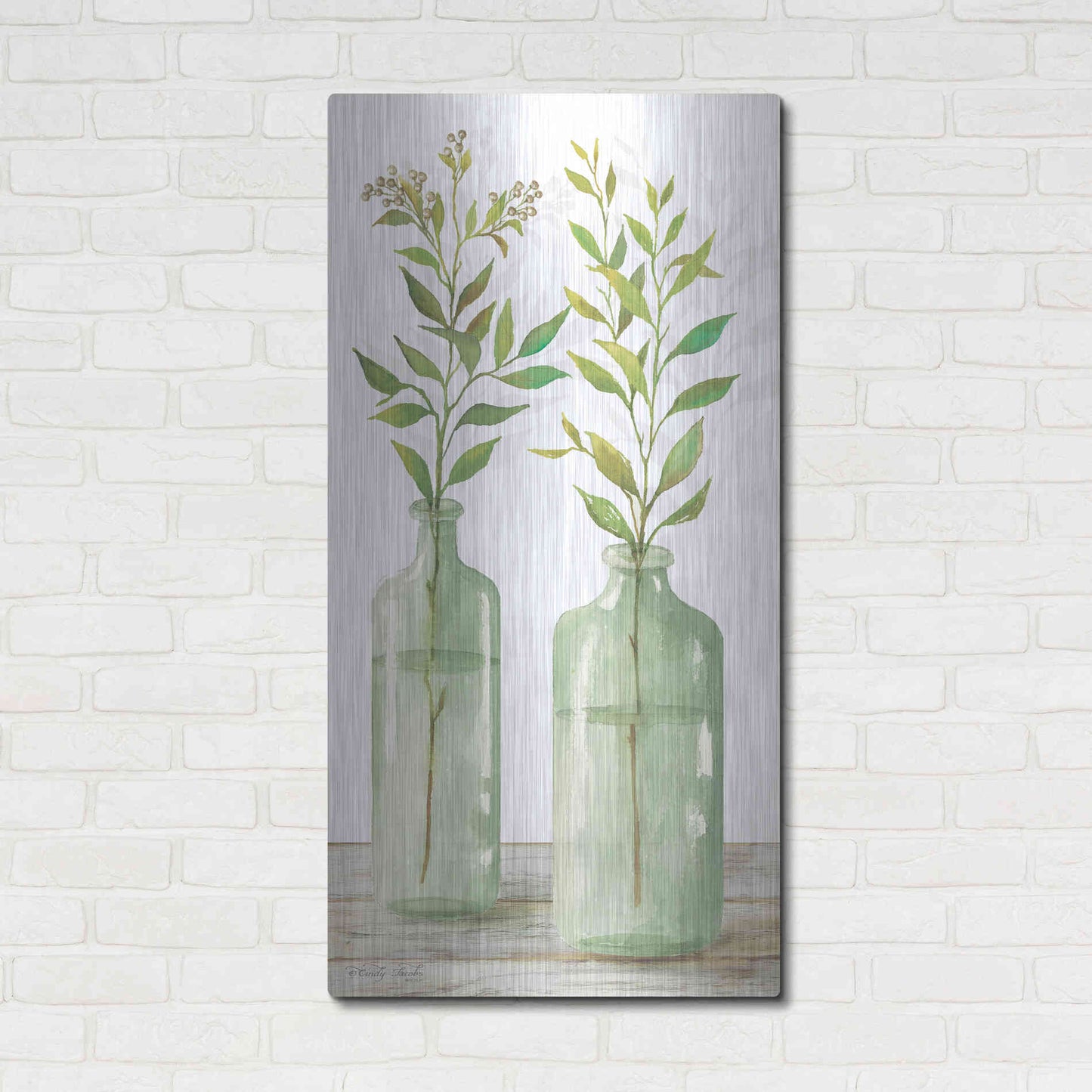 Luxe Metal Art 'Simple Leaves in Jar III' by Cindy Jacobs, Metal Wall Art,24x48