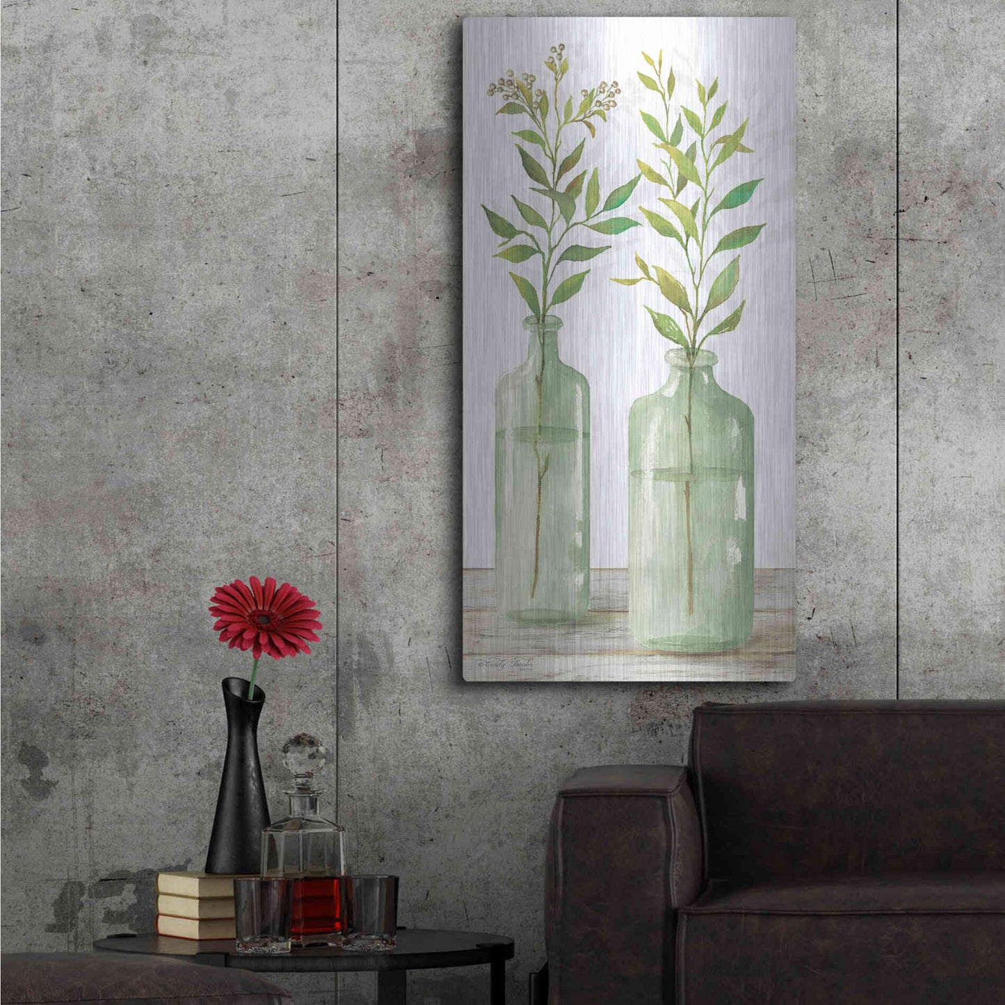 Luxe Metal Art 'Simple Leaves in Jar III' by Cindy Jacobs, Metal Wall Art,24x48