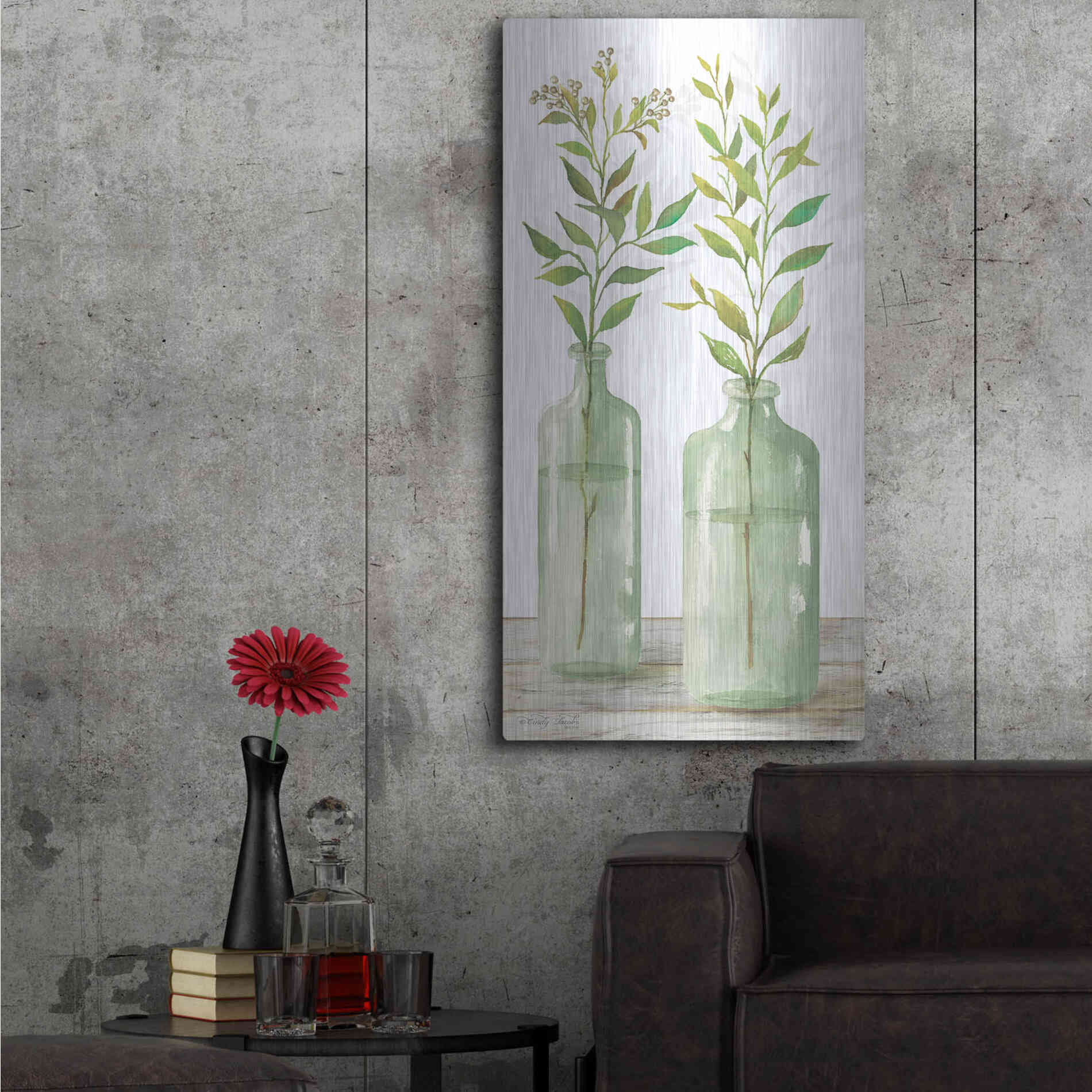 Luxe Metal Art 'Simple Leaves in Jar III' by Cindy Jacobs, Metal Wall Art,24x48