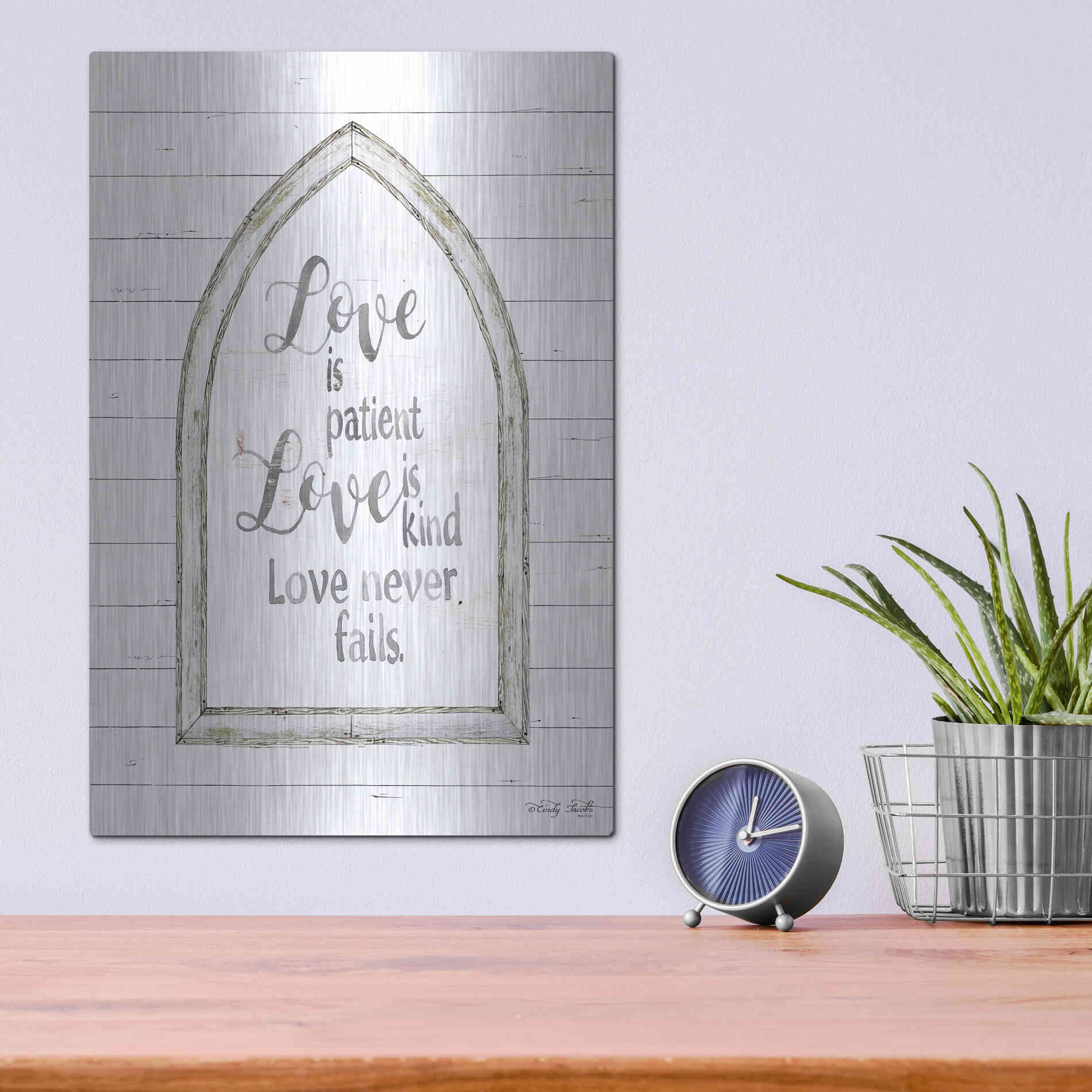 Luxe Metal Art 'Love is Patient Arch' by Cindy Jacobs, Metal Wall Art,12x16