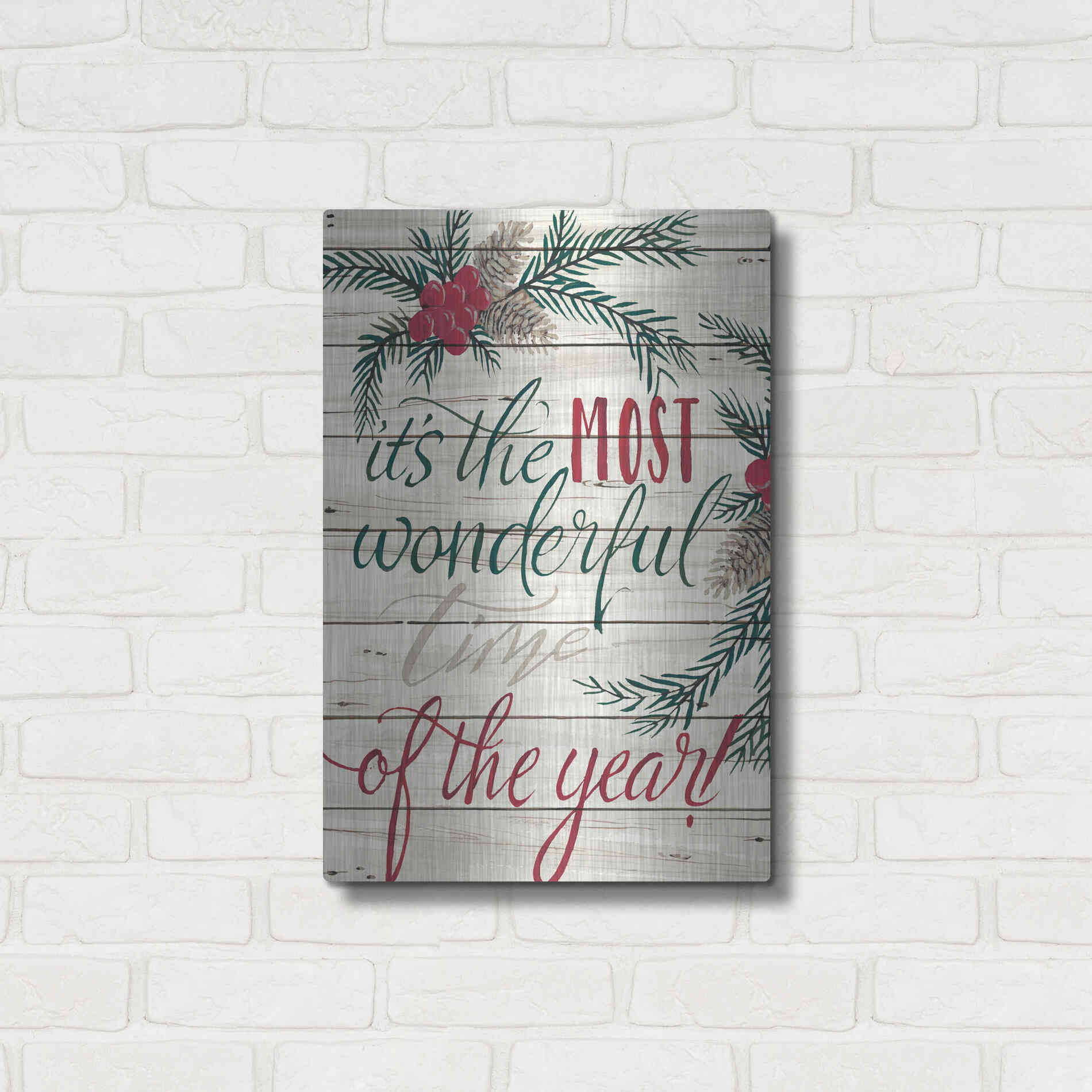 Luxe Metal Art 'It's the Most Wonderful Time Shiplap' by Cindy Jacobs, Metal Wall Art,16x24