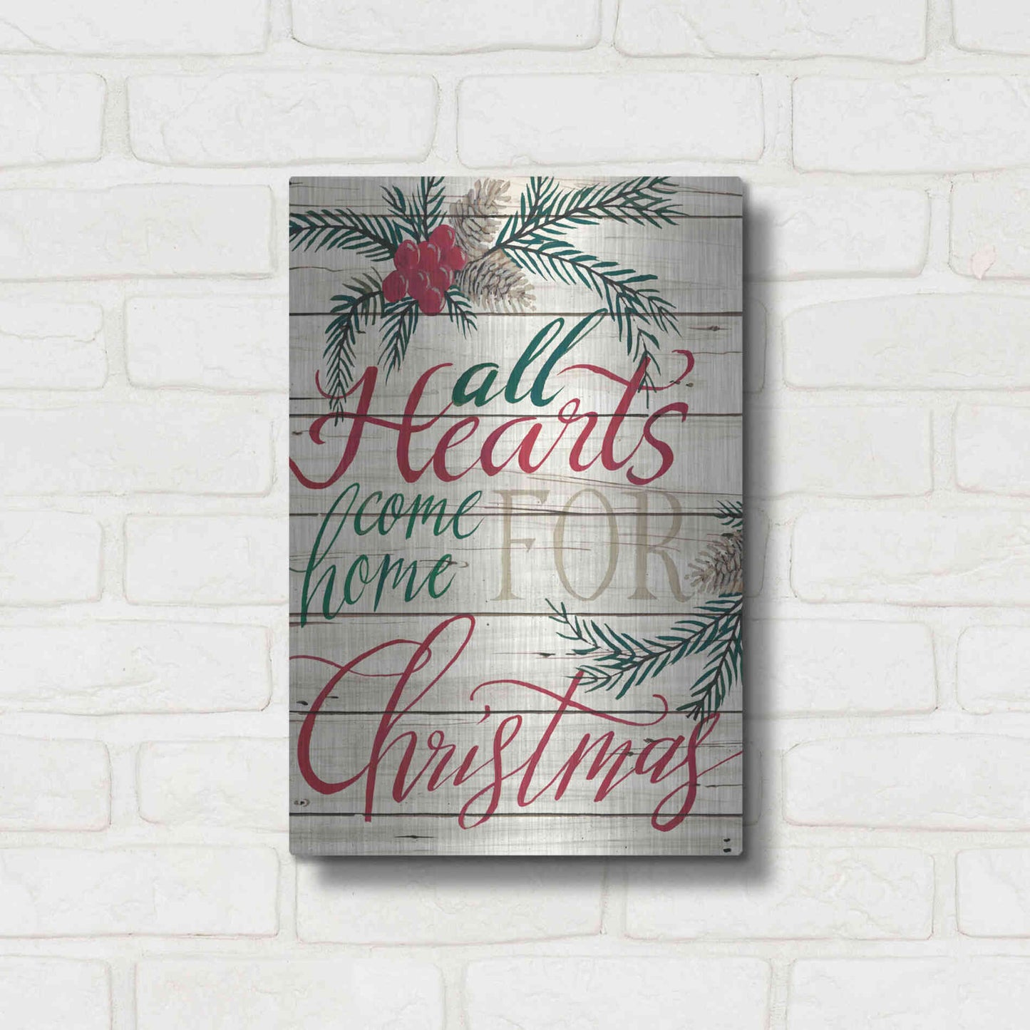 Luxe Metal Art 'All Hearts Come Home for Christmas Shiplap' by Cindy Jacobs, Metal Wall Art,12x16