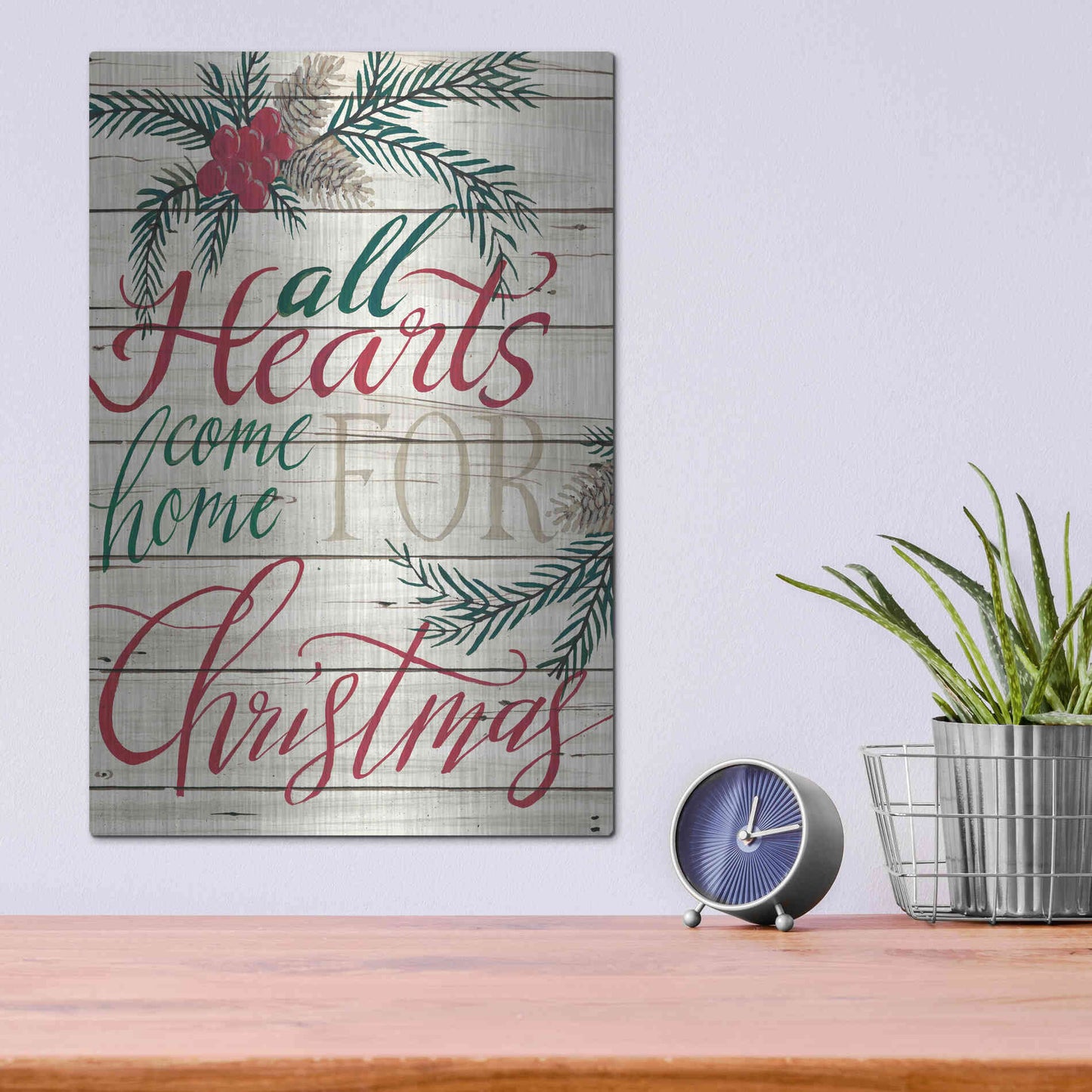 Luxe Metal Art 'All Hearts Come Home for Christmas Shiplap' by Cindy Jacobs, Metal Wall Art,12x16