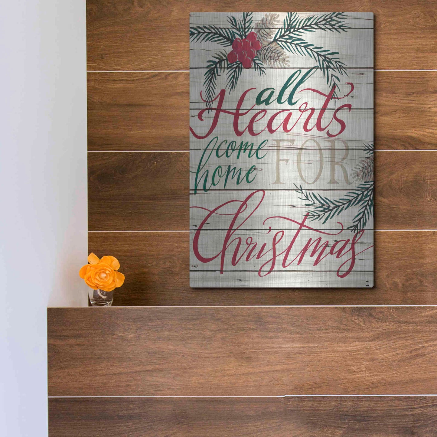 Luxe Metal Art 'All Hearts Come Home for Christmas Shiplap' by Cindy Jacobs, Metal Wall Art,12x16