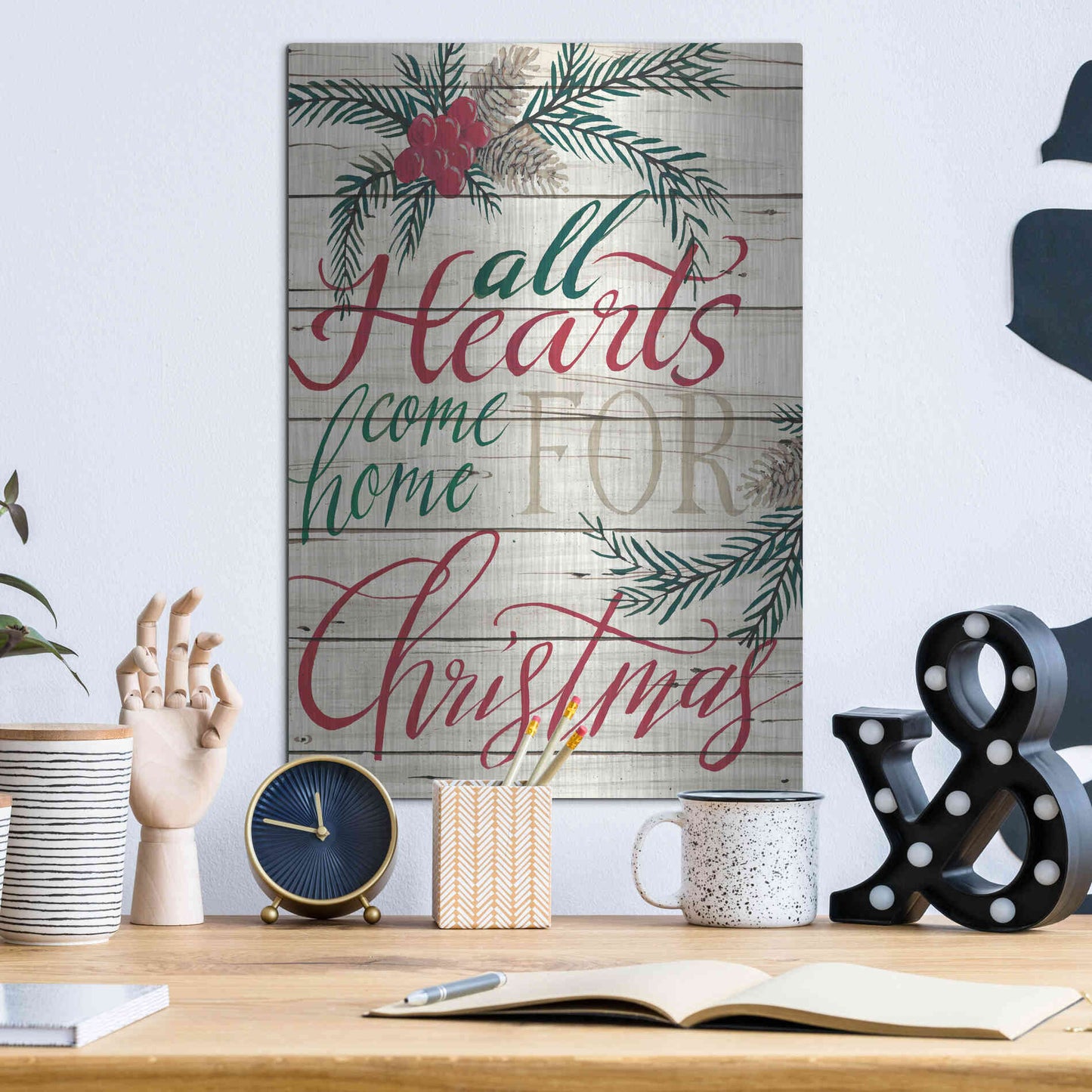 Luxe Metal Art 'All Hearts Come Home for Christmas Shiplap' by Cindy Jacobs, Metal Wall Art,12x16