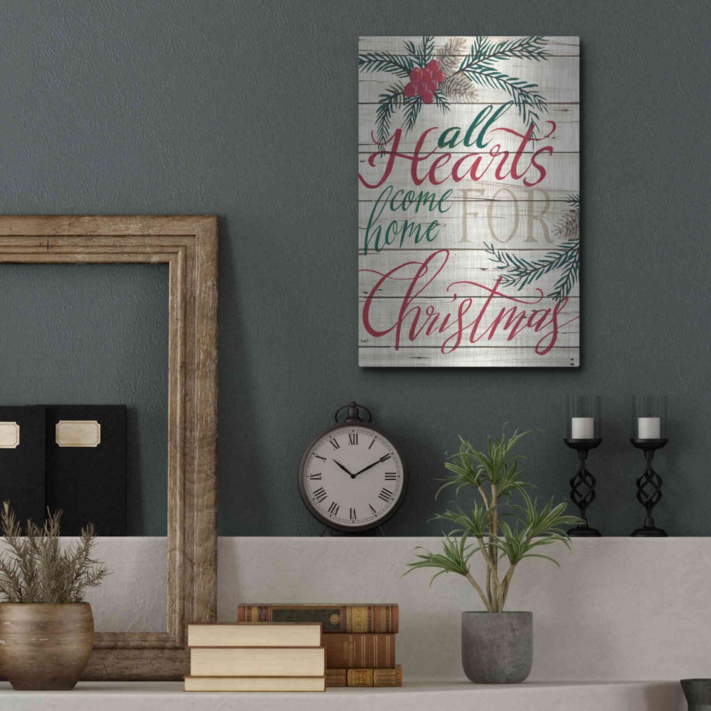 Luxe Metal Art 'All Hearts Come Home for Christmas Shiplap' by Cindy Jacobs, Metal Wall Art,12x16