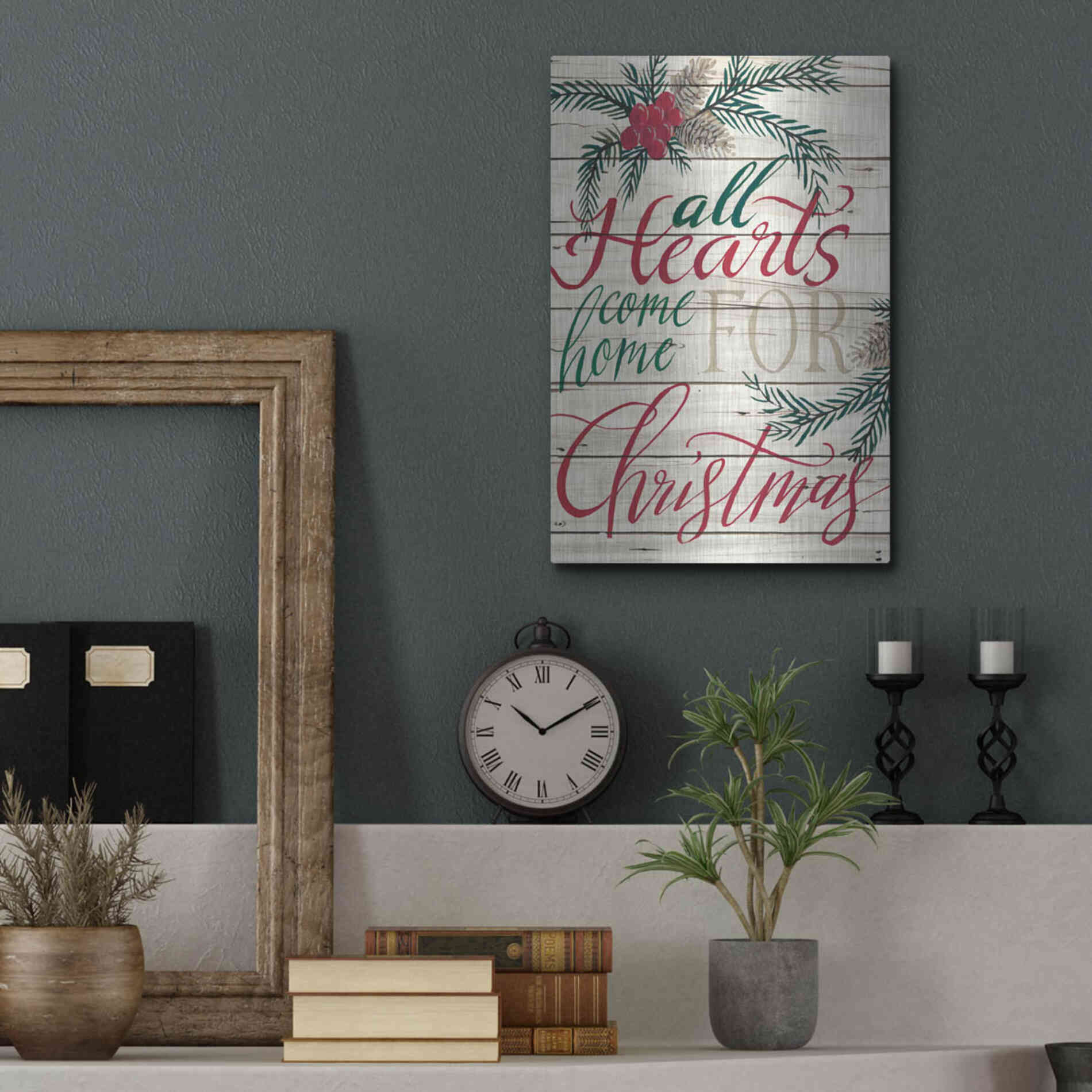 Luxe Metal Art 'All Hearts Come Home for Christmas Shiplap' by Cindy Jacobs, Metal Wall Art,12x16