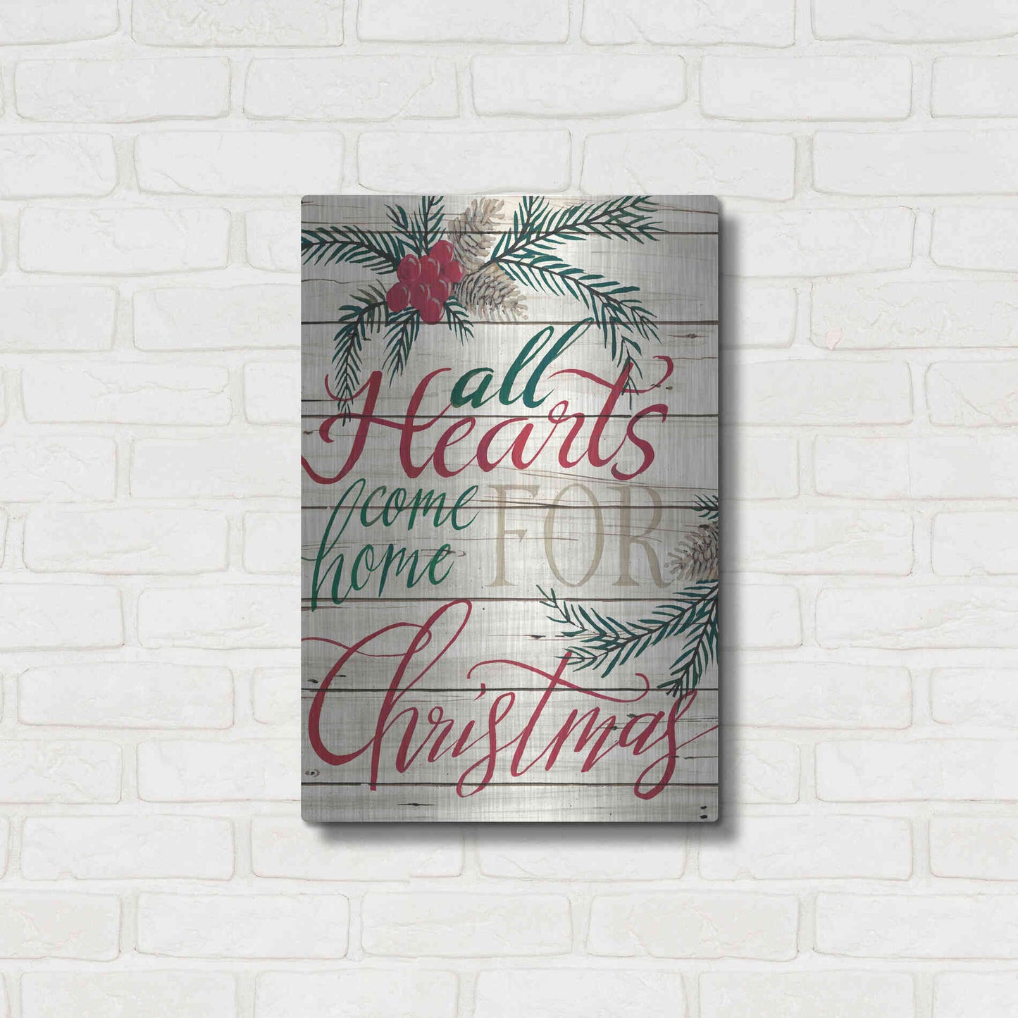 Luxe Metal Art 'All Hearts Come Home for Christmas Shiplap' by Cindy Jacobs, Metal Wall Art,16x24