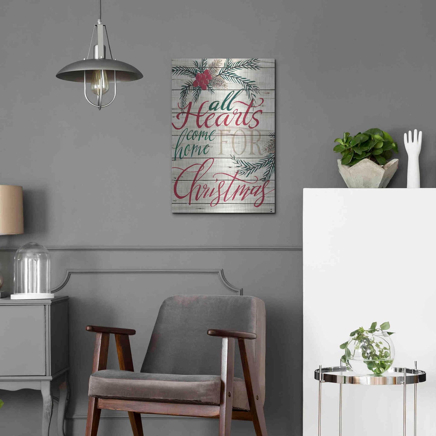 Luxe Metal Art 'All Hearts Come Home for Christmas Shiplap' by Cindy Jacobs, Metal Wall Art,16x24