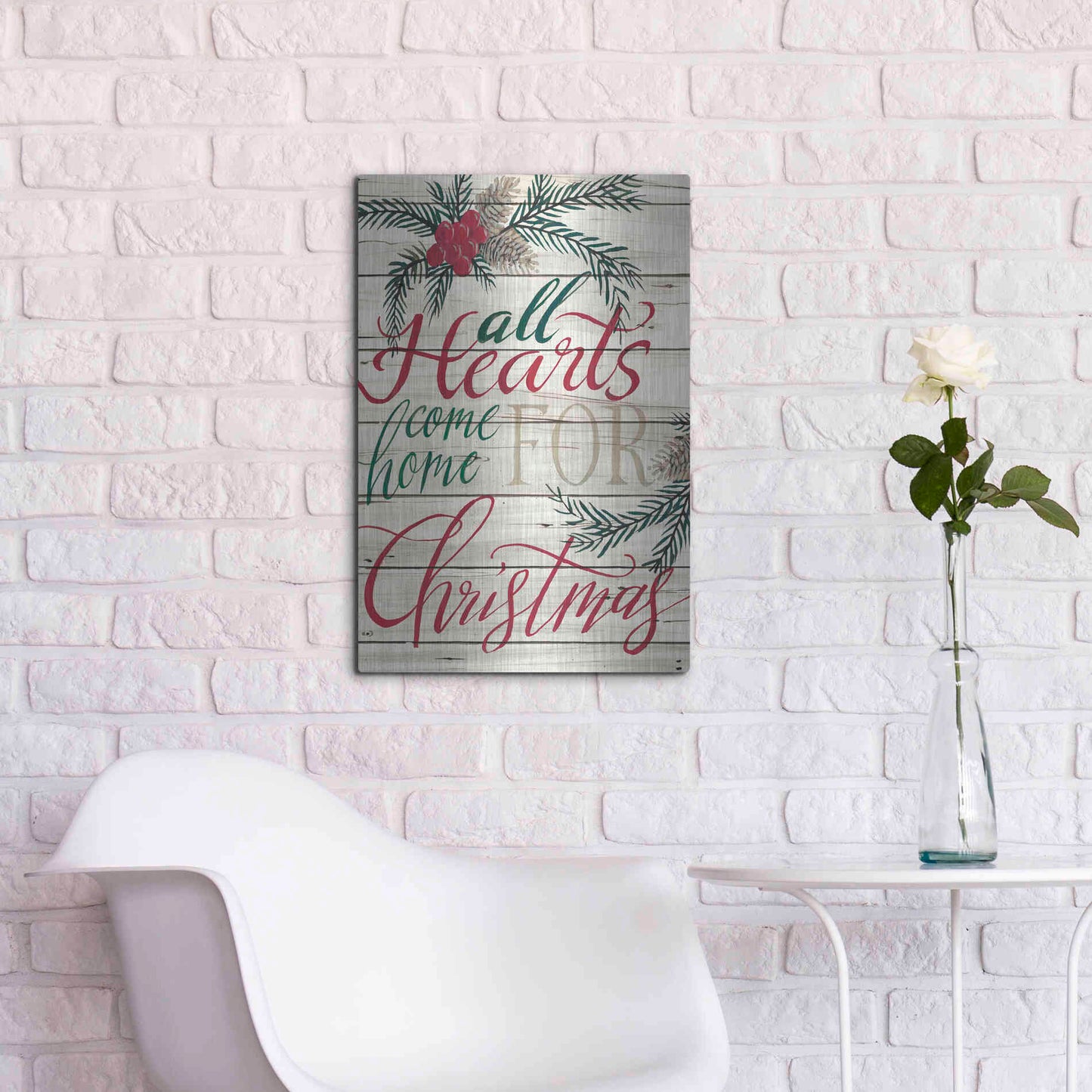 Luxe Metal Art 'All Hearts Come Home for Christmas Shiplap' by Cindy Jacobs, Metal Wall Art,16x24