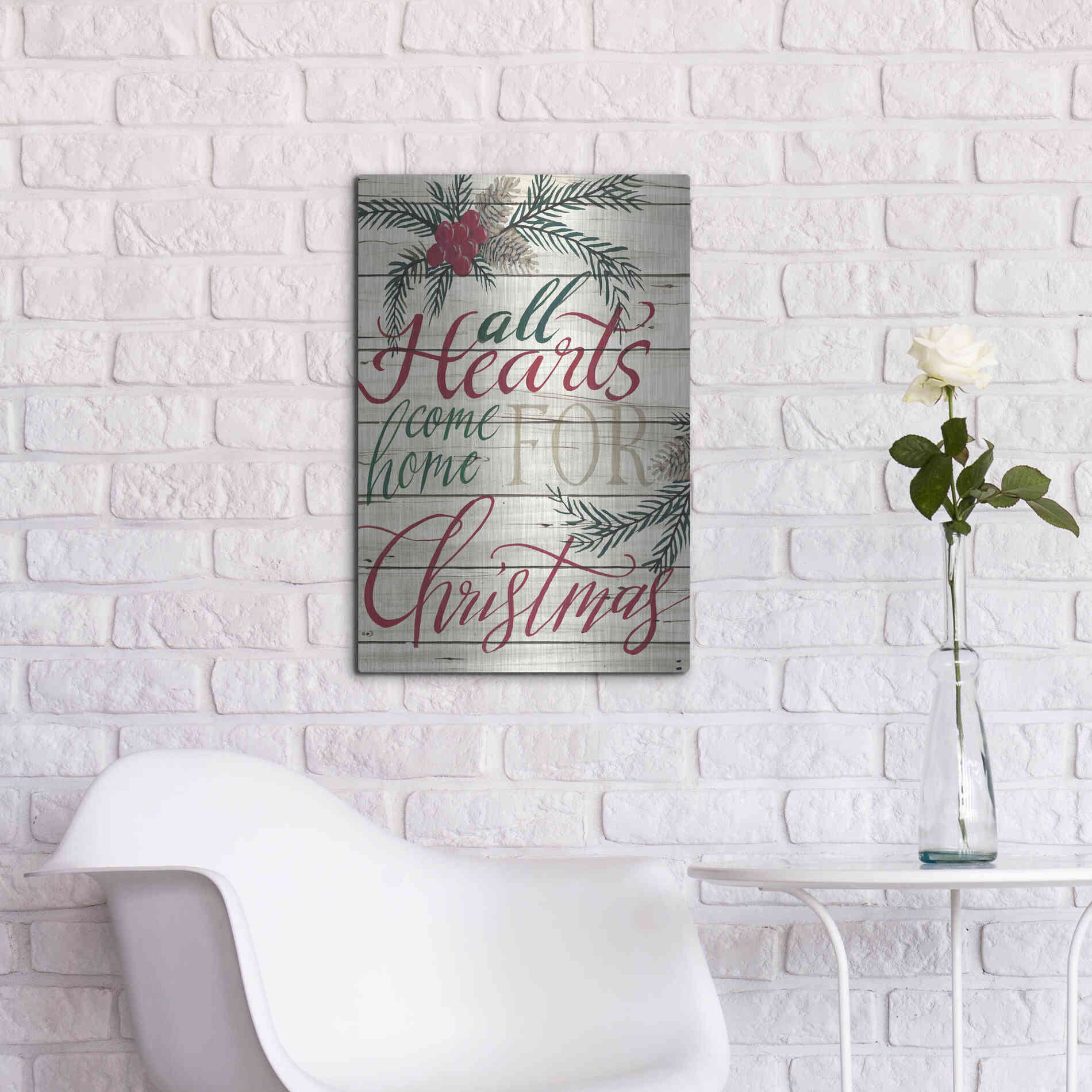 Luxe Metal Art 'All Hearts Come Home for Christmas Shiplap' by Cindy Jacobs, Metal Wall Art,16x24