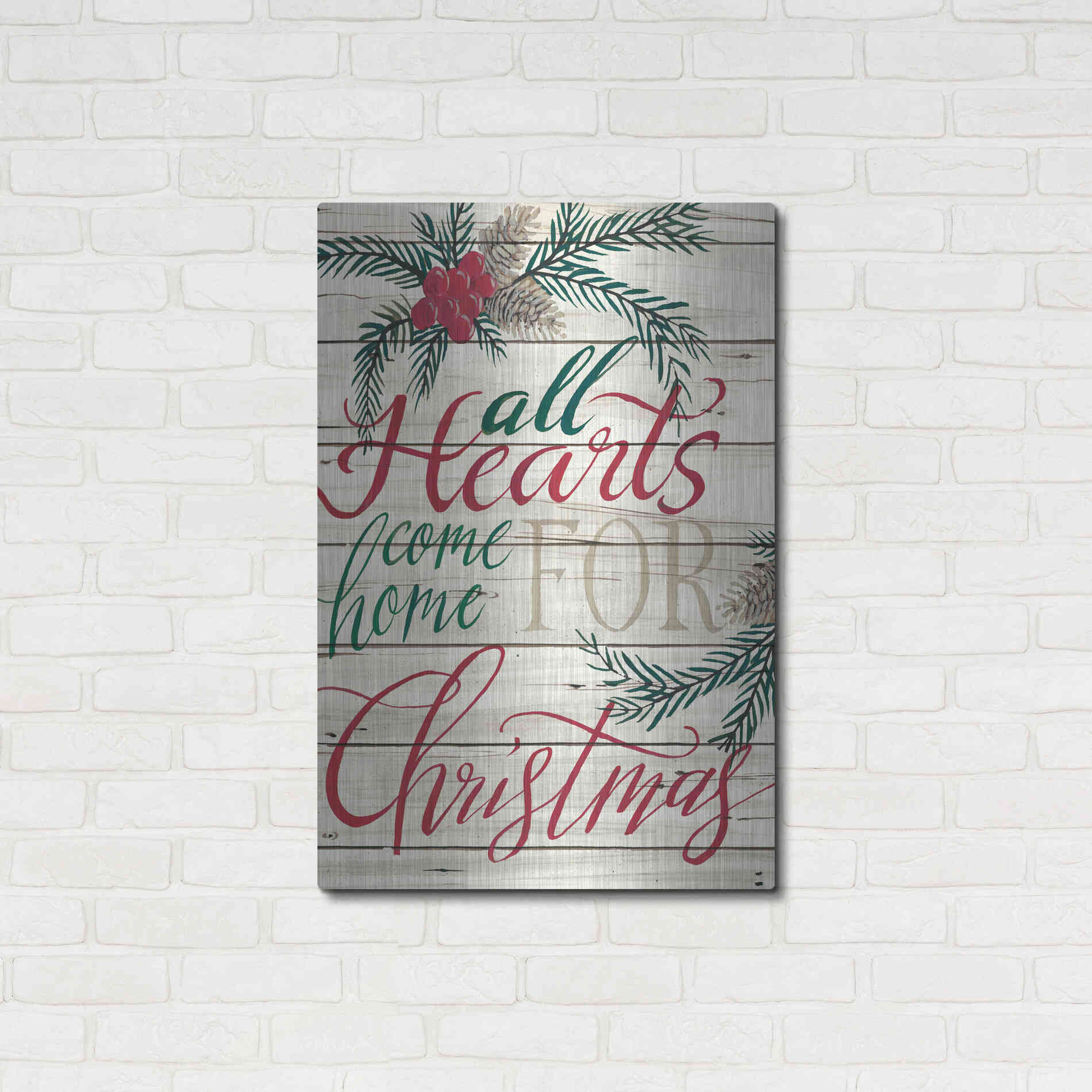 Luxe Metal Art 'All Hearts Come Home for Christmas Shiplap' by Cindy Jacobs, Metal Wall Art,24x36
