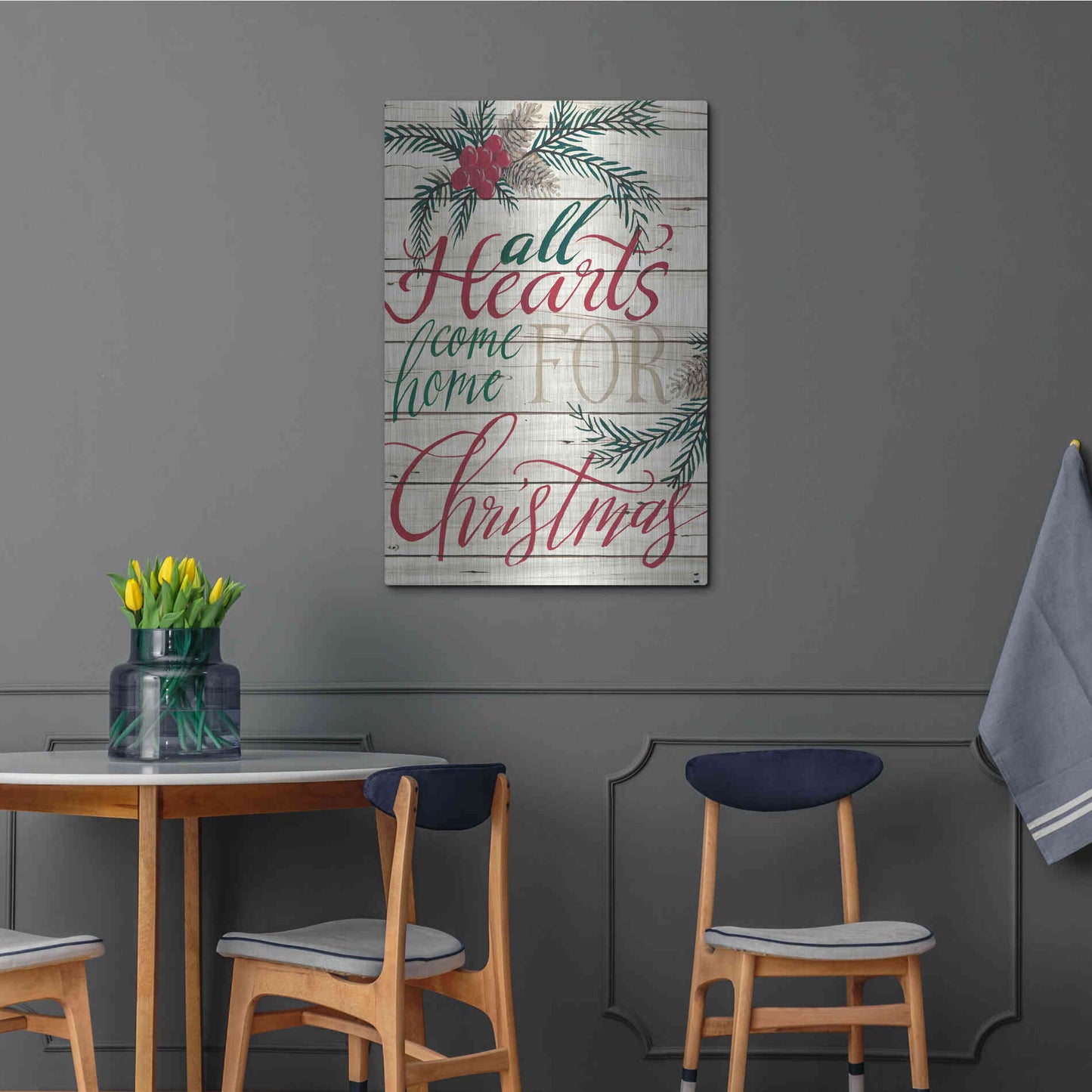 Luxe Metal Art 'All Hearts Come Home for Christmas Shiplap' by Cindy Jacobs, Metal Wall Art,24x36