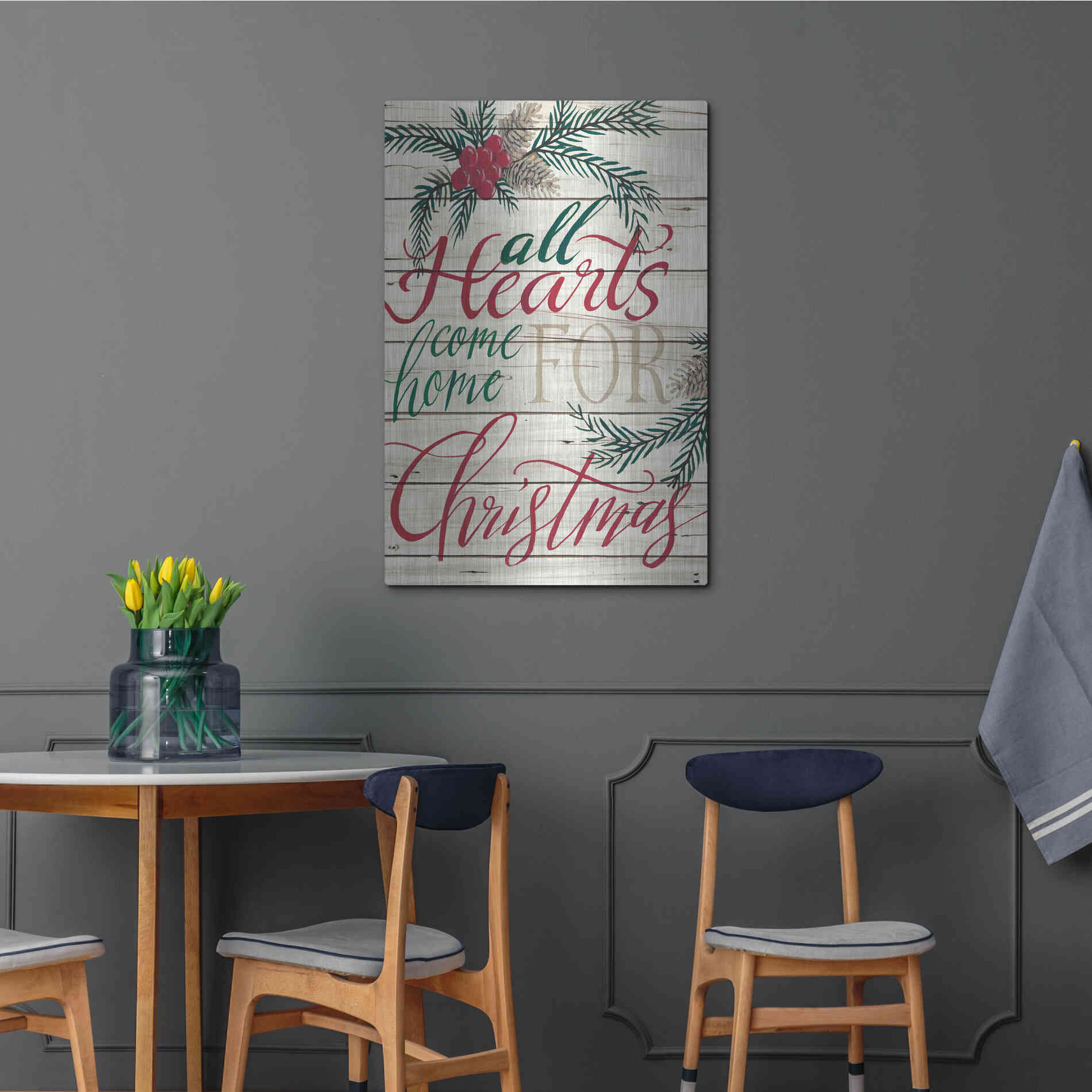 Luxe Metal Art 'All Hearts Come Home for Christmas Shiplap' by Cindy Jacobs, Metal Wall Art,24x36