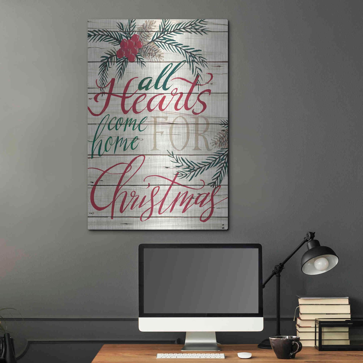 Luxe Metal Art 'All Hearts Come Home for Christmas Shiplap' by Cindy Jacobs, Metal Wall Art,24x36