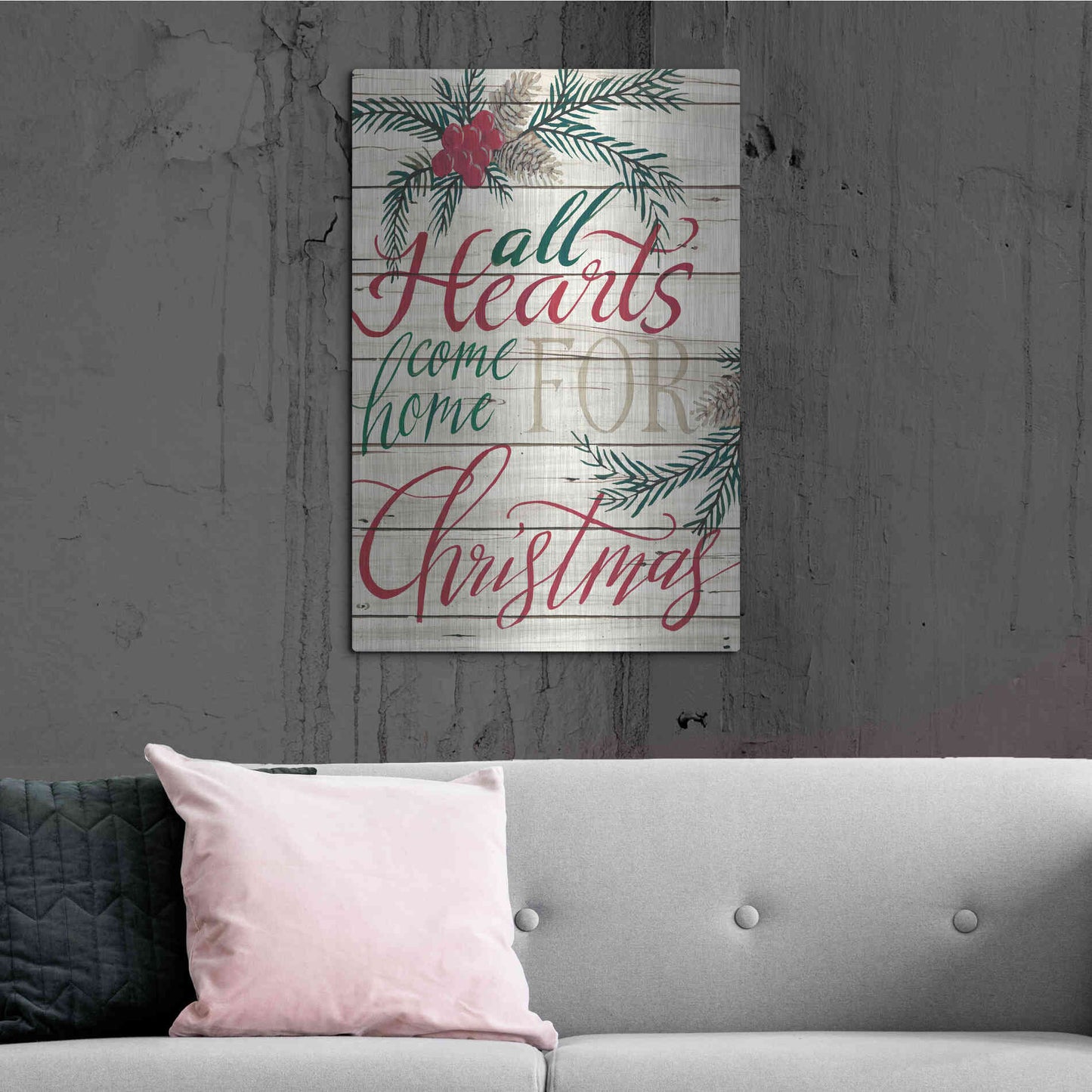 Luxe Metal Art 'All Hearts Come Home for Christmas Shiplap' by Cindy Jacobs, Metal Wall Art,24x36