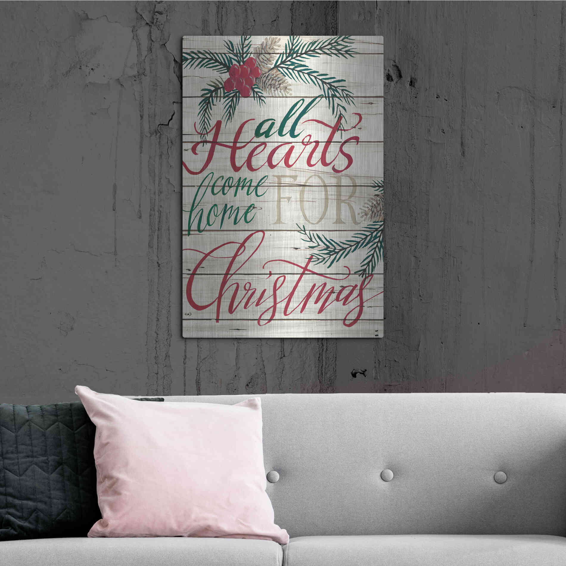 Luxe Metal Art 'All Hearts Come Home for Christmas Shiplap' by Cindy Jacobs, Metal Wall Art,24x36