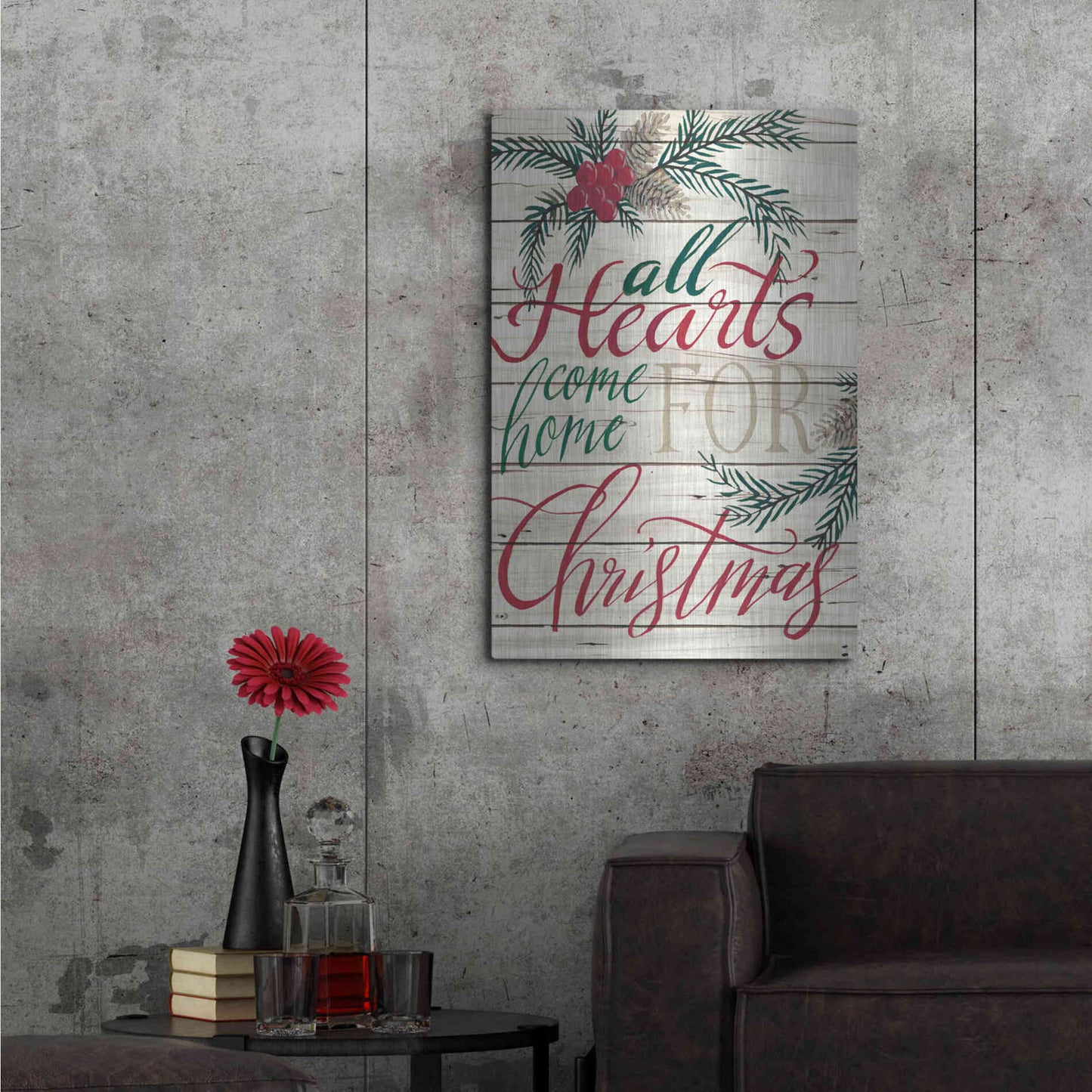 Luxe Metal Art 'All Hearts Come Home for Christmas Shiplap' by Cindy Jacobs, Metal Wall Art,24x36