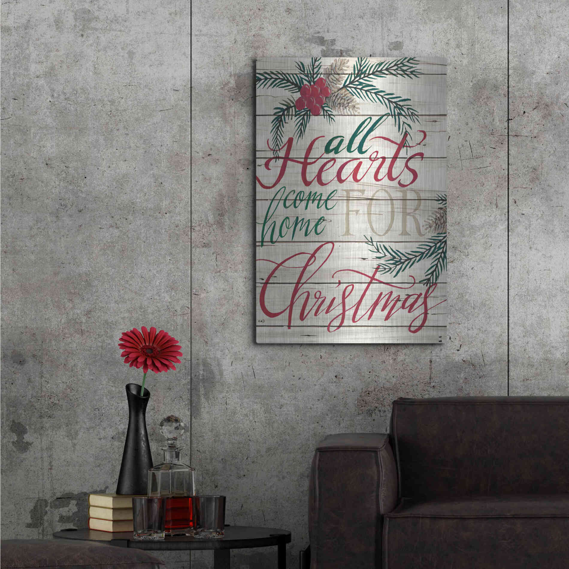 Luxe Metal Art 'All Hearts Come Home for Christmas Shiplap' by Cindy Jacobs, Metal Wall Art,24x36