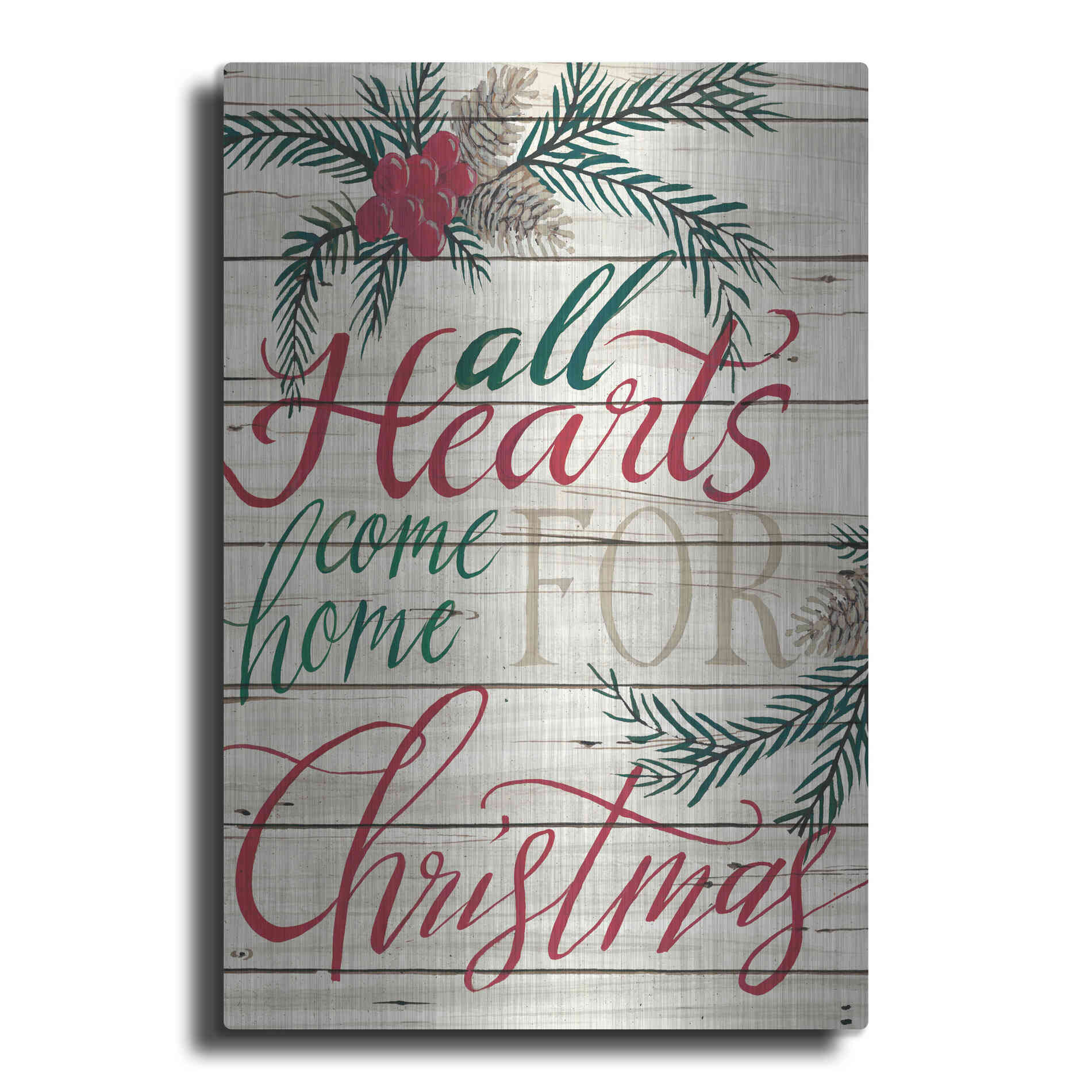 Luxe Metal Art 'All Hearts Come Home for Christmas Shiplap' by Cindy Jacobs, Metal Wall Art