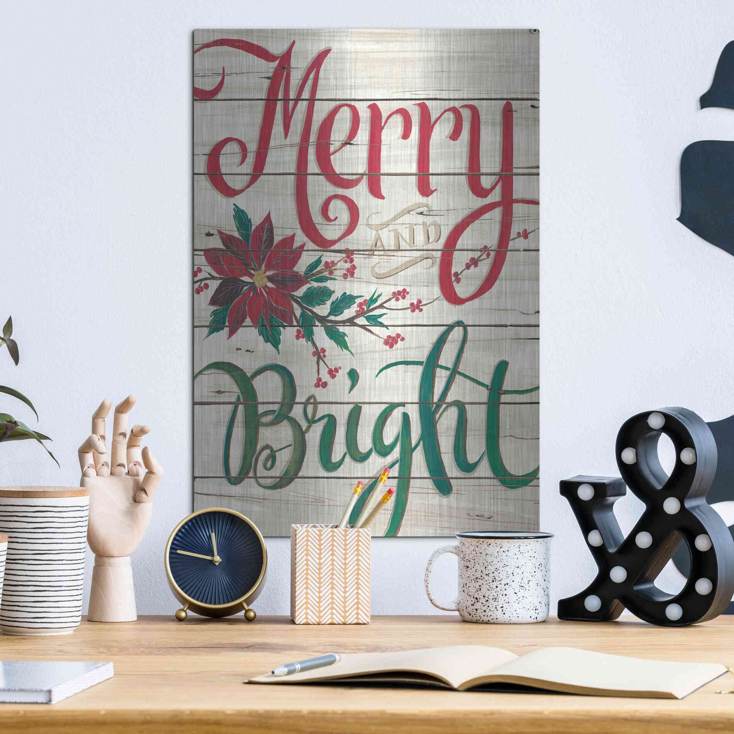 Luxe Metal Art 'Merry & Bright Shiplap' by Cindy Jacobs, Metal Wall Art,12x16