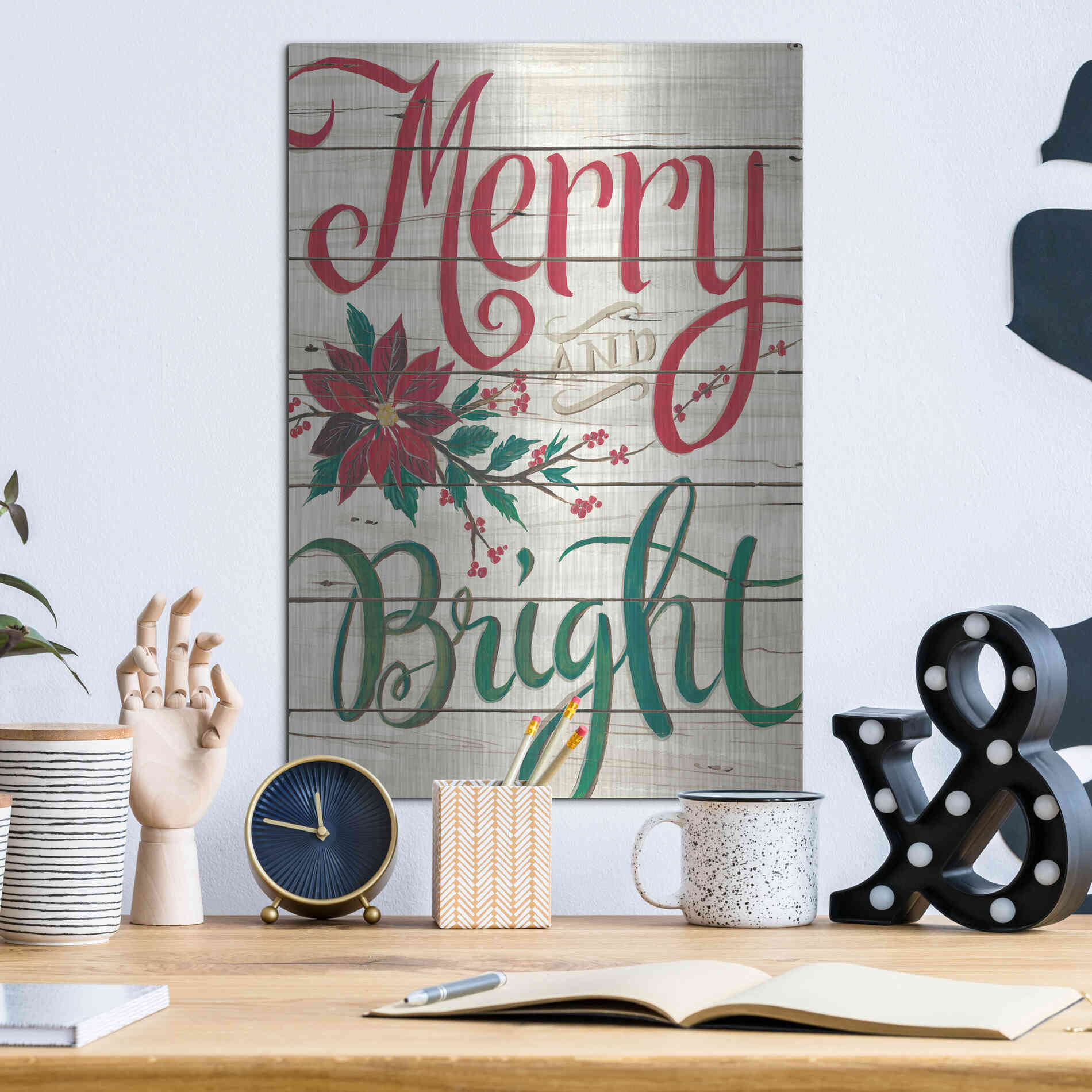 Luxe Metal Art 'Merry & Bright Shiplap' by Cindy Jacobs, Metal Wall Art,12x16